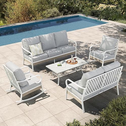 HERA'S HOUSE 5 Piece Metal Patio Furniture Set, 7 Seats All Weather Outdoor Conversation Set, 3 Seat Sofa with Loveseat, 2 Rocking Chairs, Coffee Table for Backyard, Garden, Deck, White/Grey