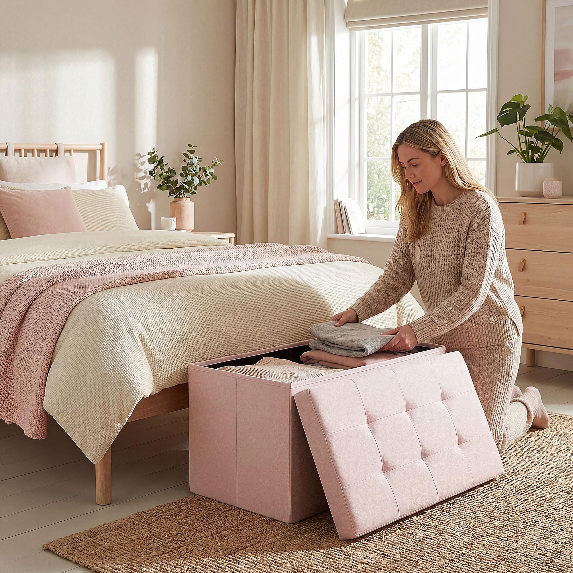 HOMCOM Puff Almacenaje, Banco Almacenaje Plegable, 84 L, 76x38x38 cm, Tapizado en Lino Sintético, Baúl de Almacenamiento, Carga 120 kg, Taburete para Sala de Estar, Dormitorio, Entrada, Rosa