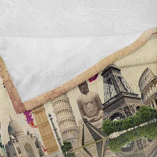 Miniatura 6 de Lunarable Manta de viaje, Landmarks of The World 7 Wonders Europa, Asia y América, mapa abstracto, moderna, de franela, forro polar, funda de sofá