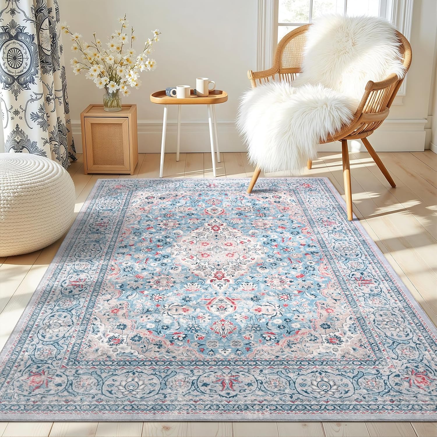 4x6 Blue Washable Boho Area Rug for Bedroom, Vintage Floral Non Slip Living Room Rugs, Soft Low Pile Indoor Mat, Aesthetic Pattern Carpet for Kitchen, Dining Room and Bedside