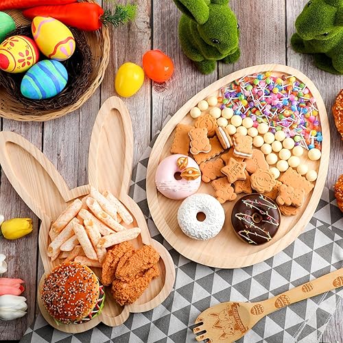 Miniatura 5 de 2 tableros de madera para charcutería de conejo de Pascua, platos de madera para servir huevos rústicos decorativos de conejo, bandeja de madera