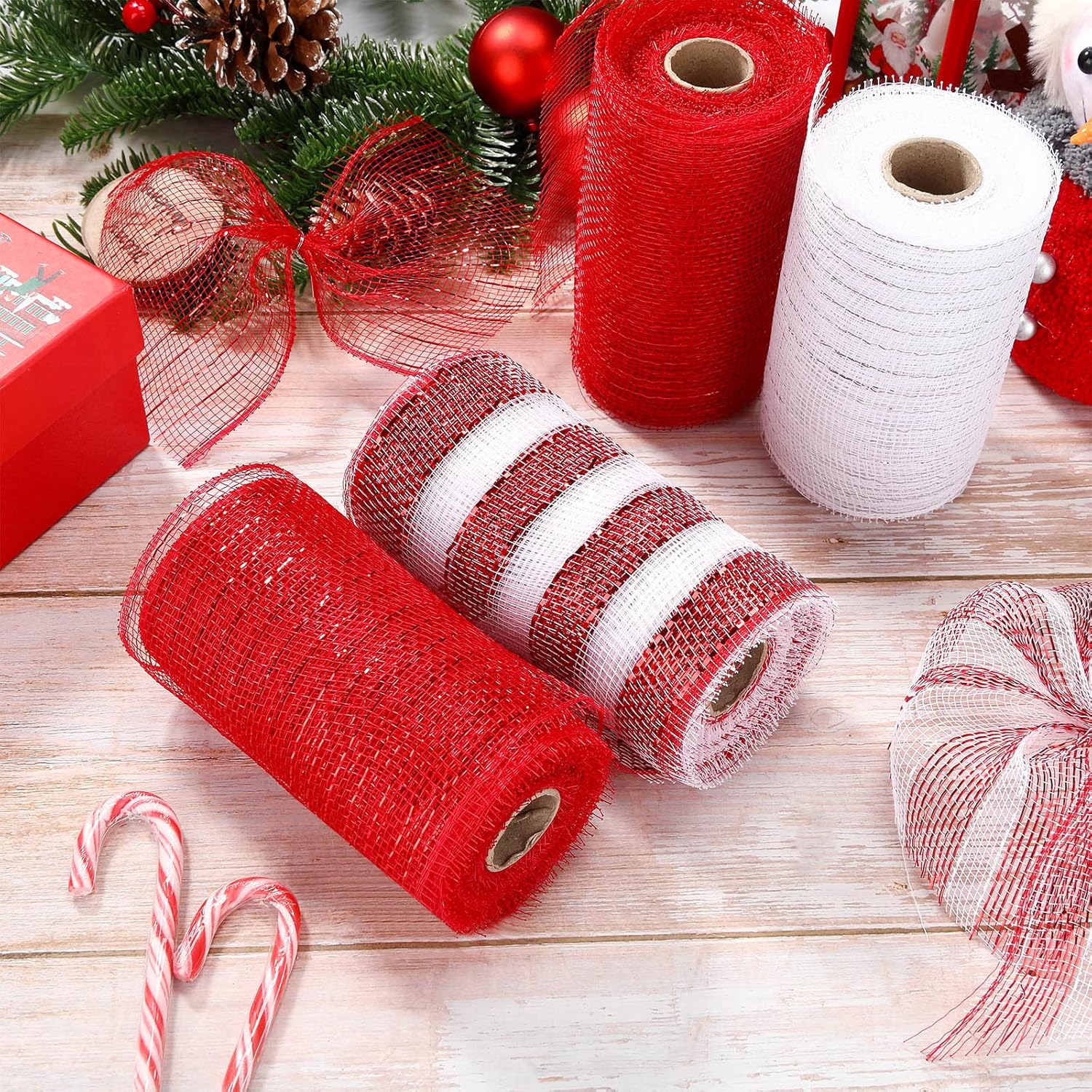 4 Rolls Metallic Foil Mesh Ribbon for Door Wreath DIY Crafts Making Supplies (Red White, 10 Inch)