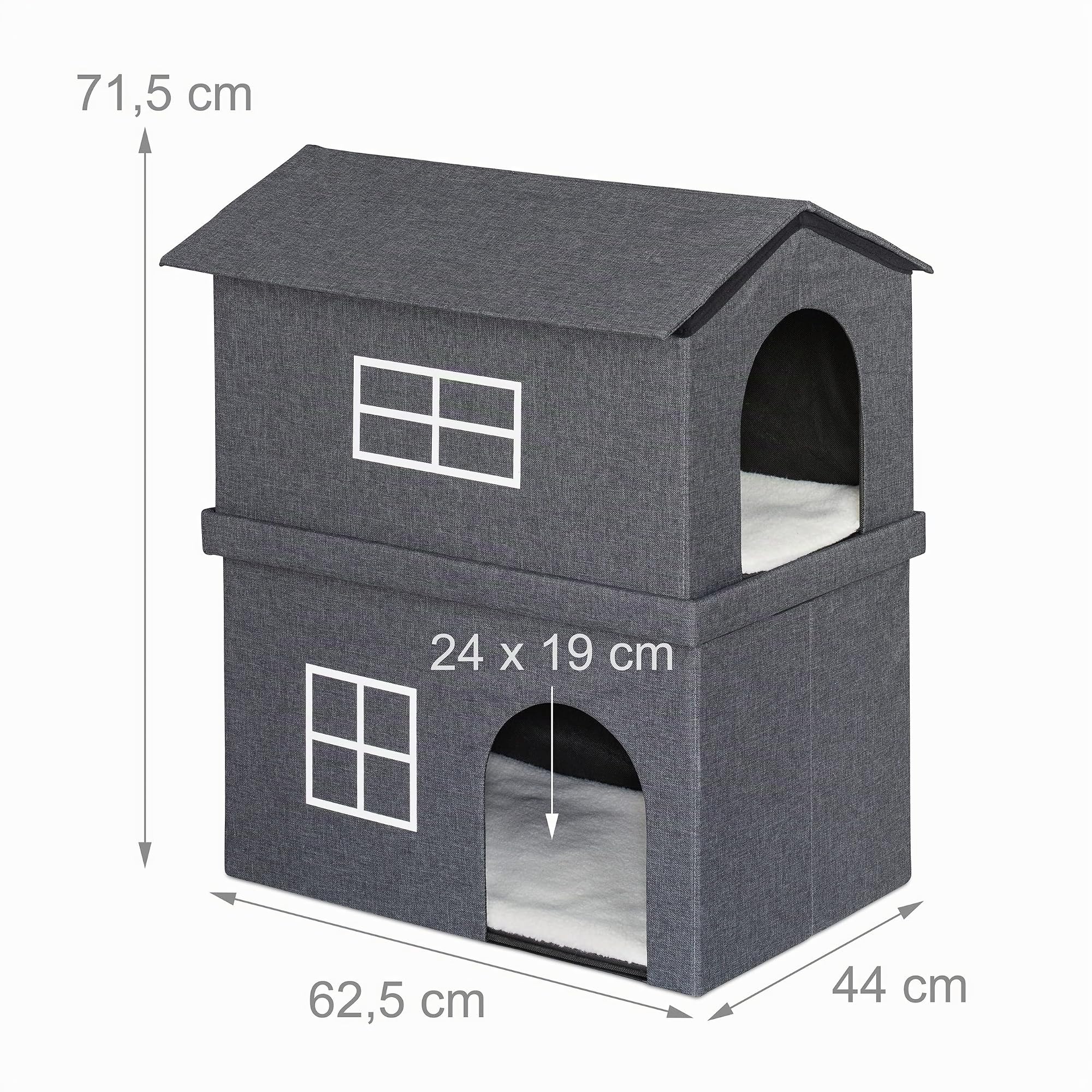 Relaxdays Cama Cueva Gato de Interior, Casa Gatitos 2 Pisos, Dos Entradas, Plegable, 71,5 x 62,5 x 44 cm, Gris Oscuro