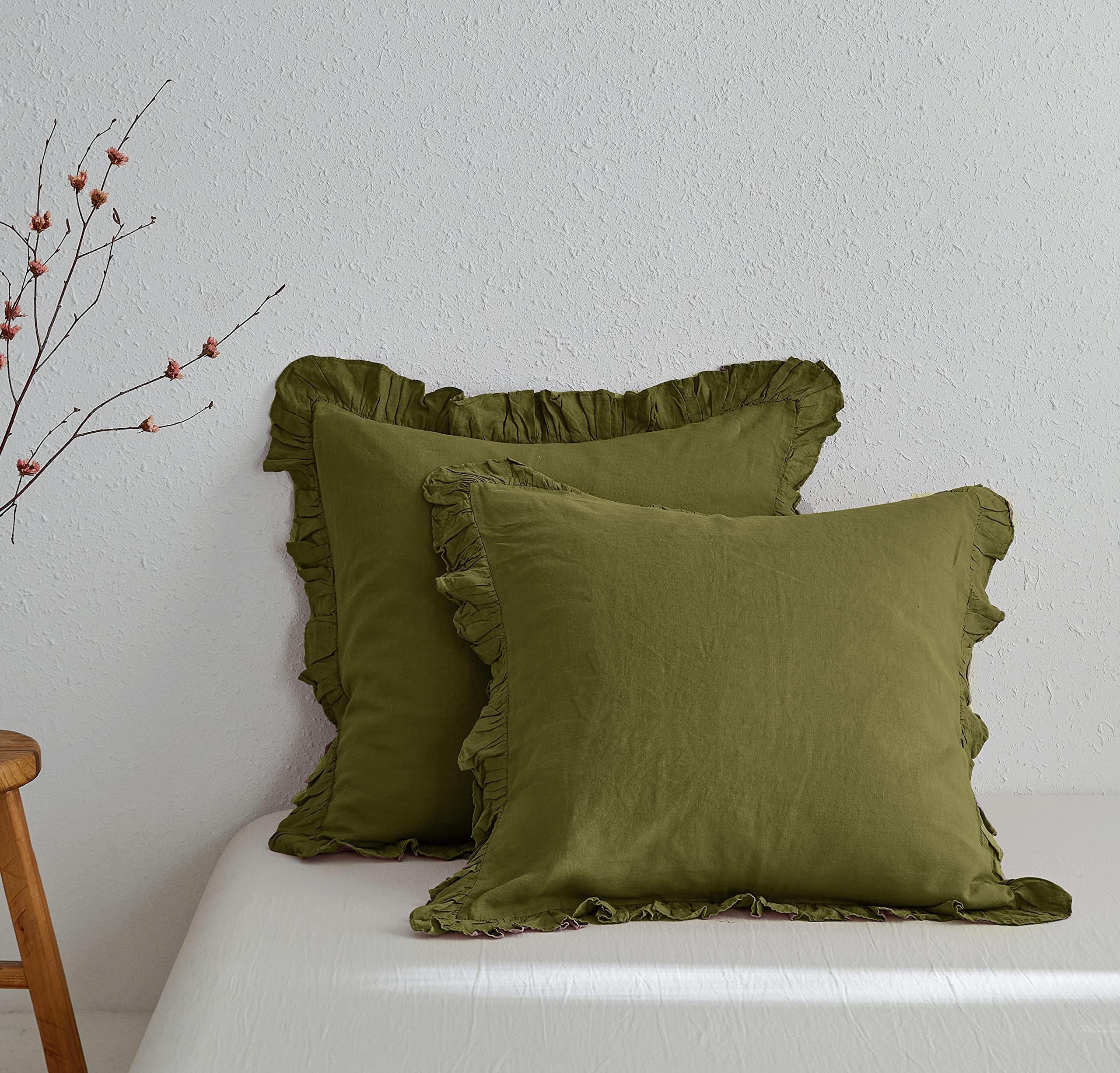 Parure de lit en lin lavé vert olive 66x66 haut de gamme