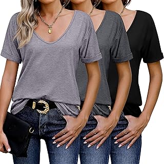 3 Pack Women's V Neck Shirt, Summer Rolled Sleeve Solid Tops Casual Loose Tees Lightweight Basic Soft Tshirt