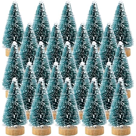 Etmact 24pcs Mini Pine Trees Frosted Sisal Trees with Wood Base Bottle Brush Trees Plastic Winter Snow Ornaments Tabletop Trees for Crafting, Displaying and Decoration (24 Pack)