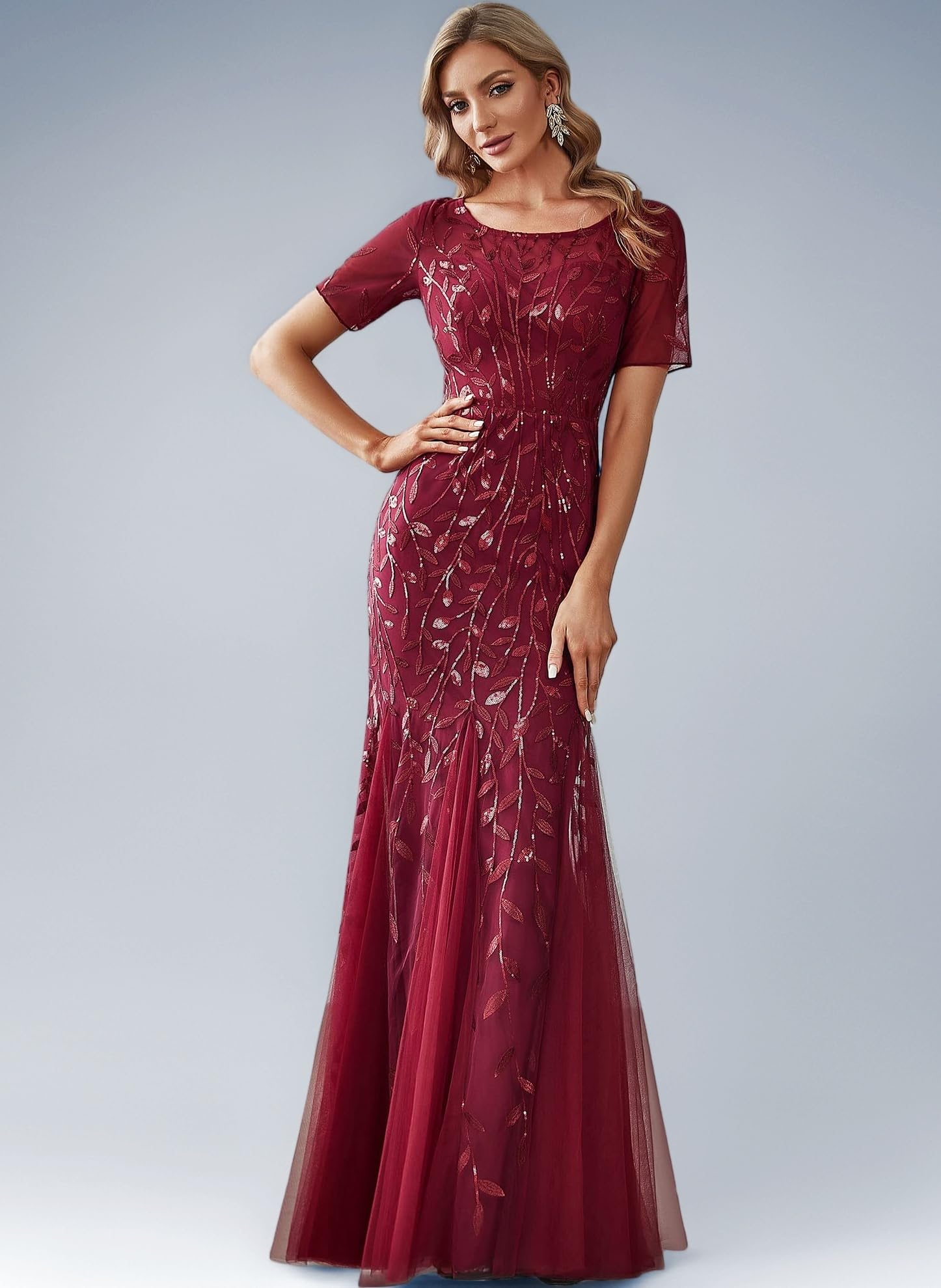 Women't Elagant Short Sleeve Long Mermaid Sequin Tulle Prom Evening Dresses EZ07707