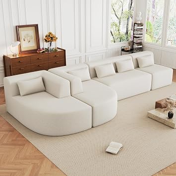 KLMM 143.7" Modular Upholstered Sofa, Boucle Fabric Floor Sofa Couch with Two Chaise Lounge and Five Back Pillows for Living Room Beige#C