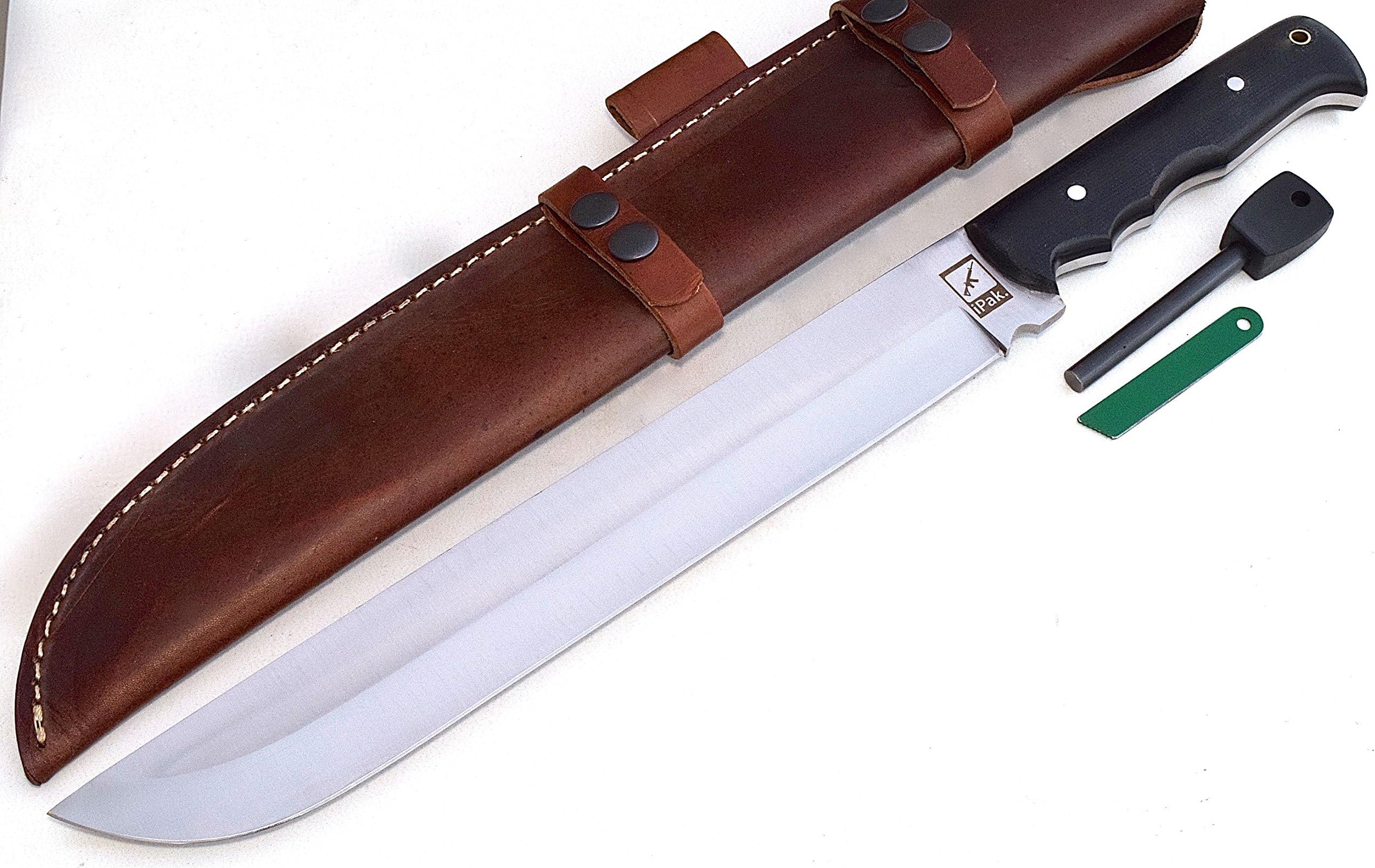 USA IPAK 17" TRAIL BOSS MACHETE Custom Handmade D2 Tool Steel BLACK-Micarta Bushcraft Hunting Bowie Knife Leather Belt Sheath & Fire-Starter Rod Set CFK96
