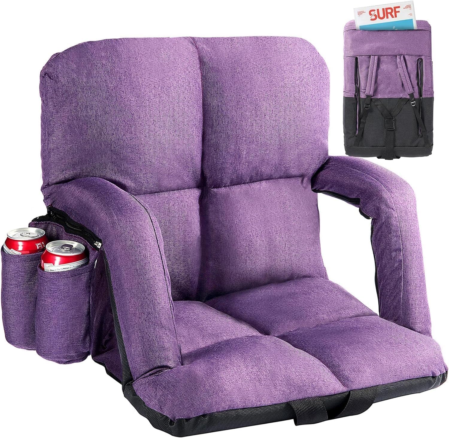 Wide Stadium Seats with Back Support, Bleacher Chairs with Comfy Cushion, 6 Reclining Positions, Portable Stadium Chair Bleacher Seat with Armrests for Outdoor Sport Events, Camping, Beaches (Purple)