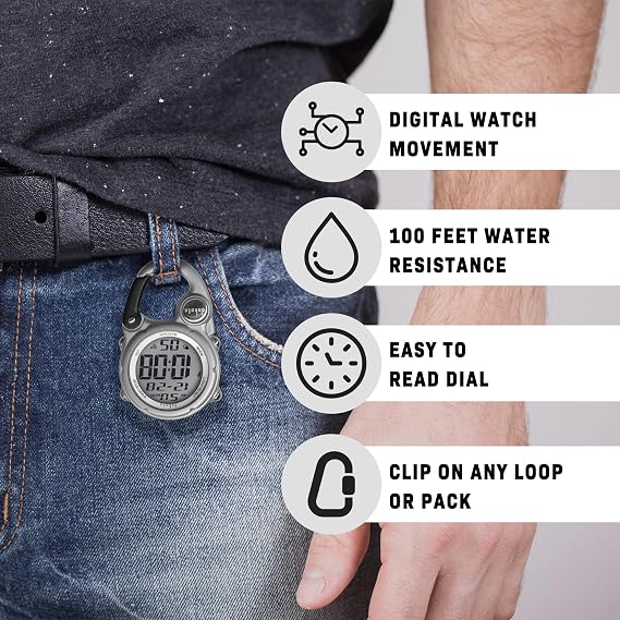 Dakota Digital Clip, Alarm, Stopwatch, Timer and Dual Time, Fob and Pocket Watch, Outdoor Gifts for Men and Women, Tactical Digital Clip on Watch