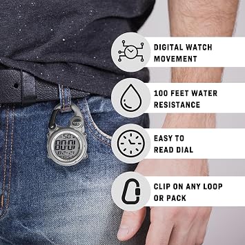 Dakota Digital Clip, Alarm, Stopwatch, Timer and Dual Time, Fob and Pocket Watch, Outdoor Gifts for Men and Women, Tactical Digital Clip on Watch