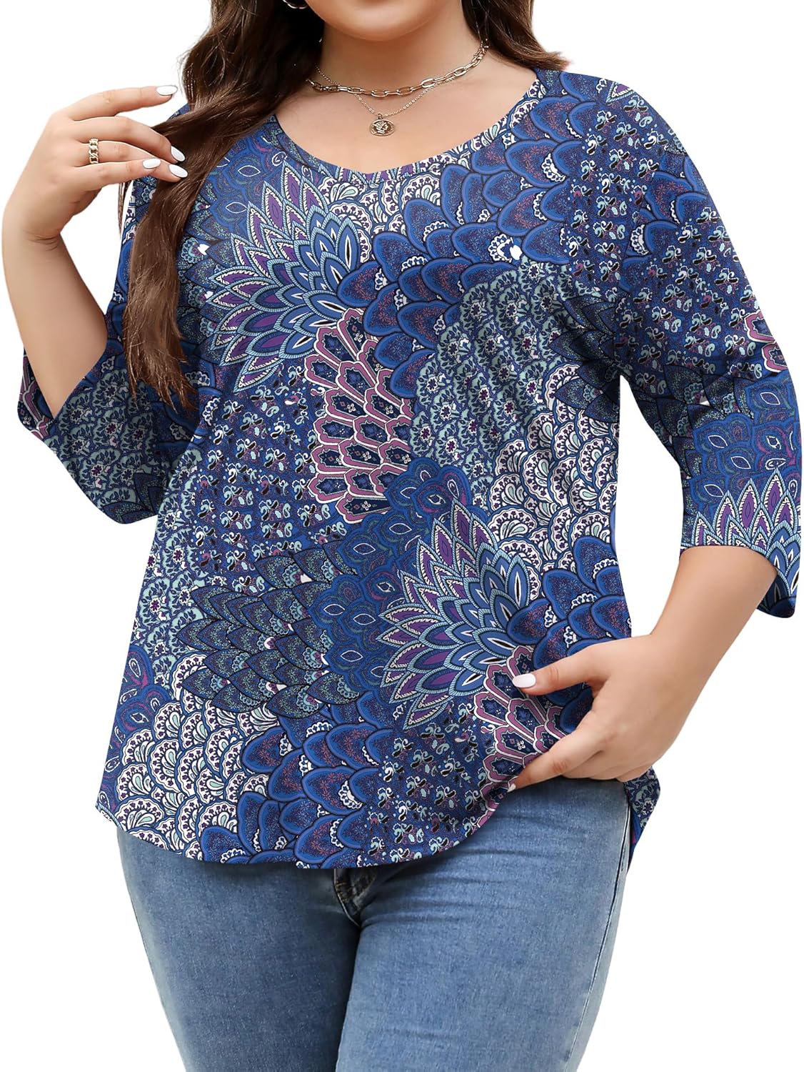 TFSDOD Womens Plus Size Tops V Neck T Shirts 3/4 Sleeve Blouse Summer Casual Tees XL-5X - Image 2