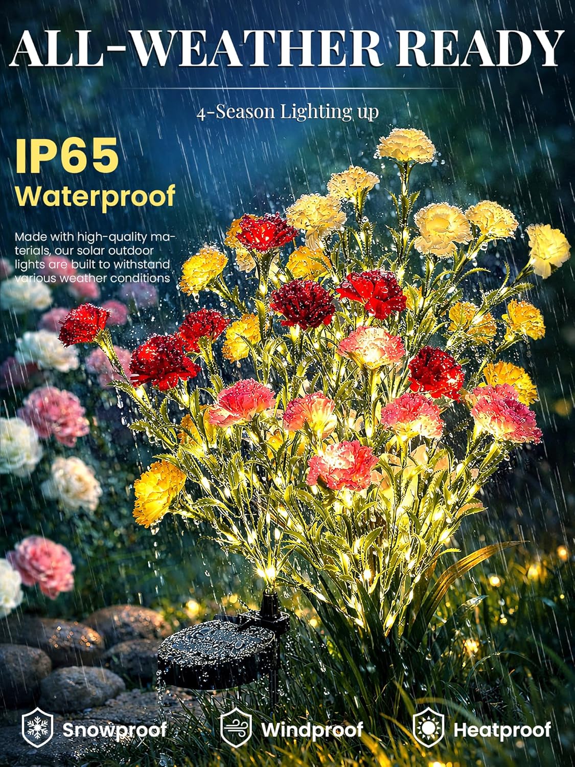 GIGALUMI Solar Lights Outdoor for Garden Decor, 4 Pack Solar Flower Lights Waterproof, 2 Lighting Modes 28 Carnations for Pathway,Yard, Patio Decoration, Gardening Gifts for Women (Multi-Colored)