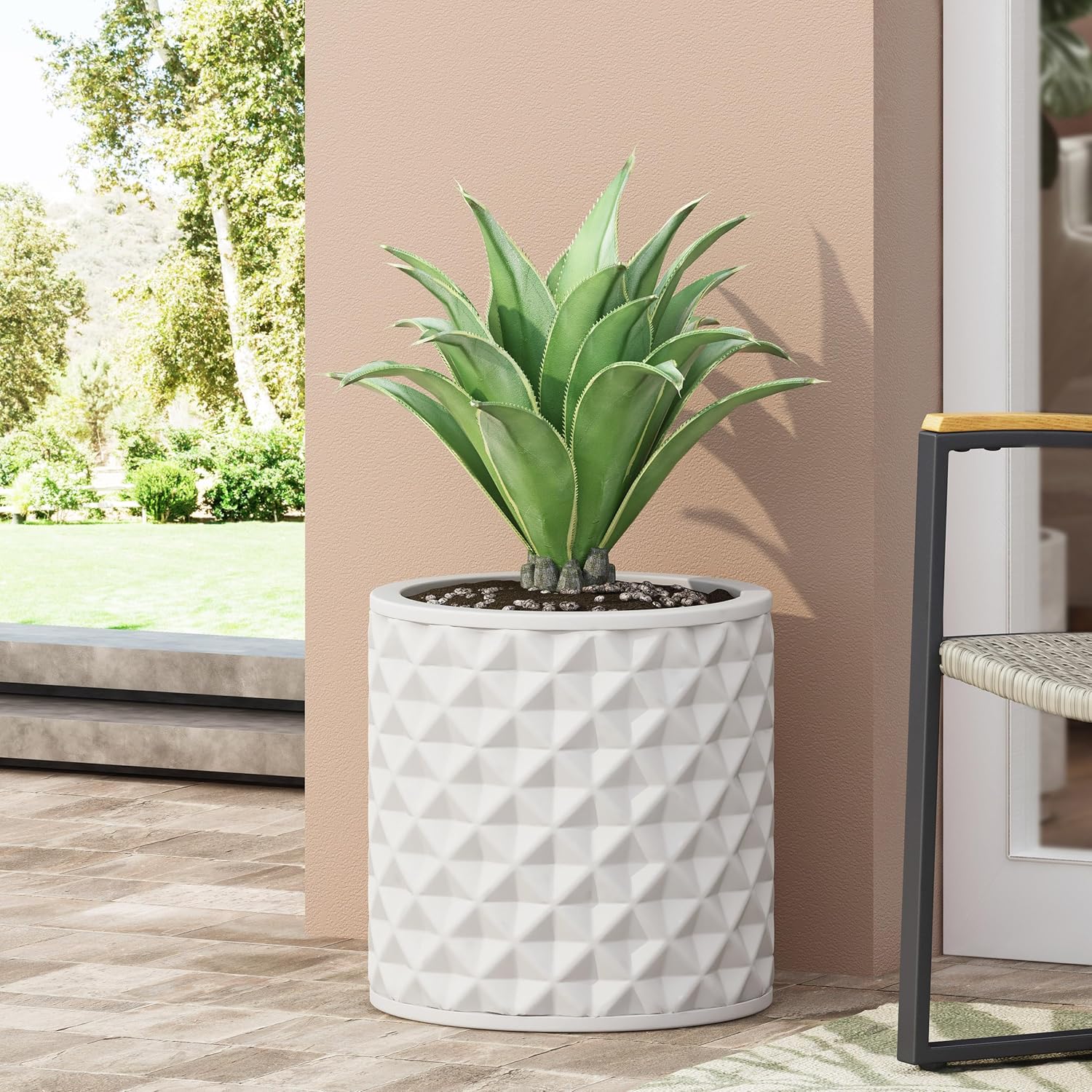 roomfitters MGO Round Planter for Indoor and Outdoor Use, Stylish Diamond Embossed Pattern, Durable and Weatherproof Construction, White
