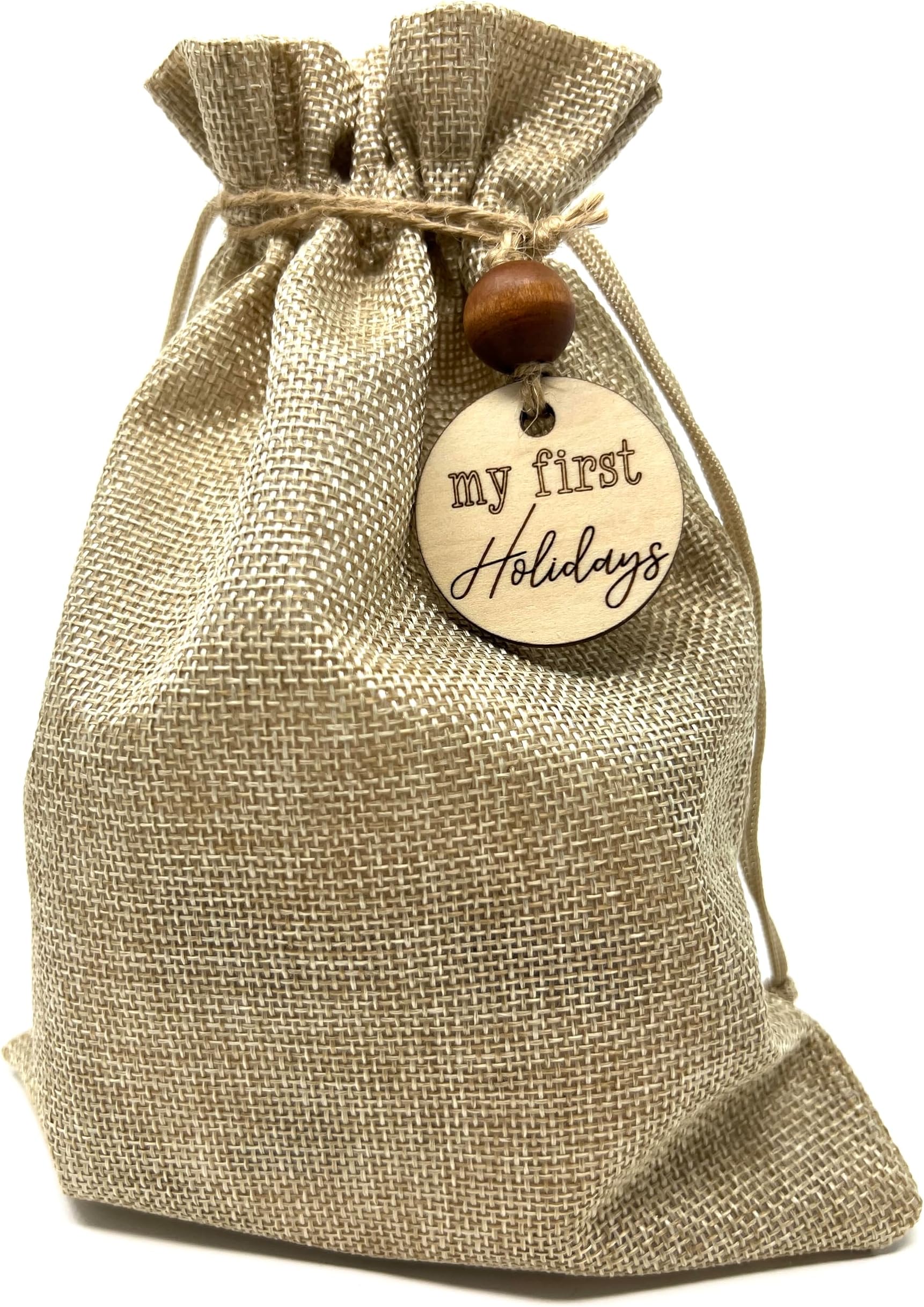 Keepsake Bag with Wood Tag (Bag and Tag Only) | for My First Holiday - Baby Milestone | 1st Year | Expecting Mother Gift | Baby Shower (Keepsake Bag w/Tag)