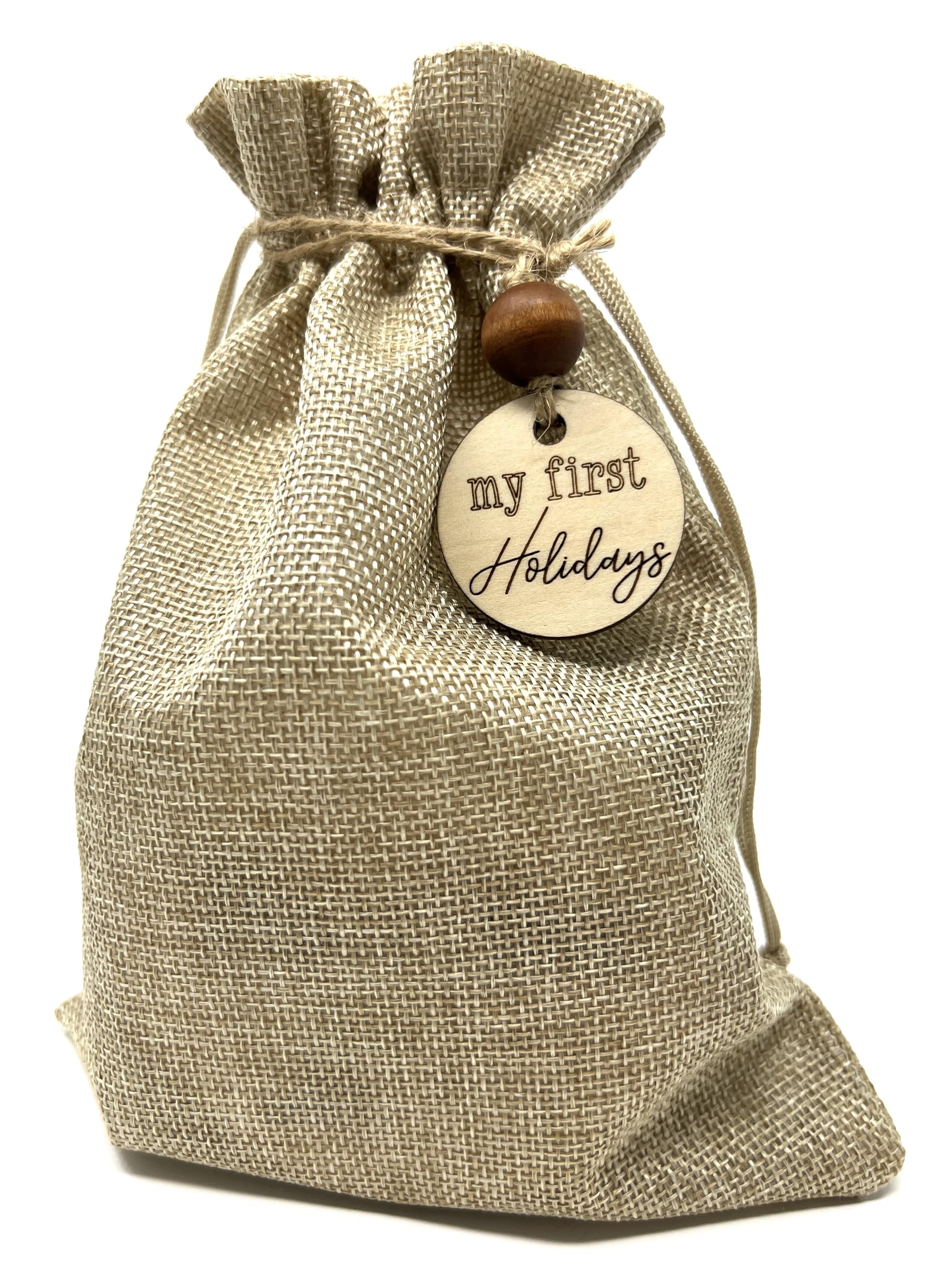 Keepsake Bag with Wood Tag (Bag and Tag Only) | for My First Holiday - Baby Milestone | 1st Year | Expecting Mother Gift | Baby Shower (Keepsake Bag w/Tag)