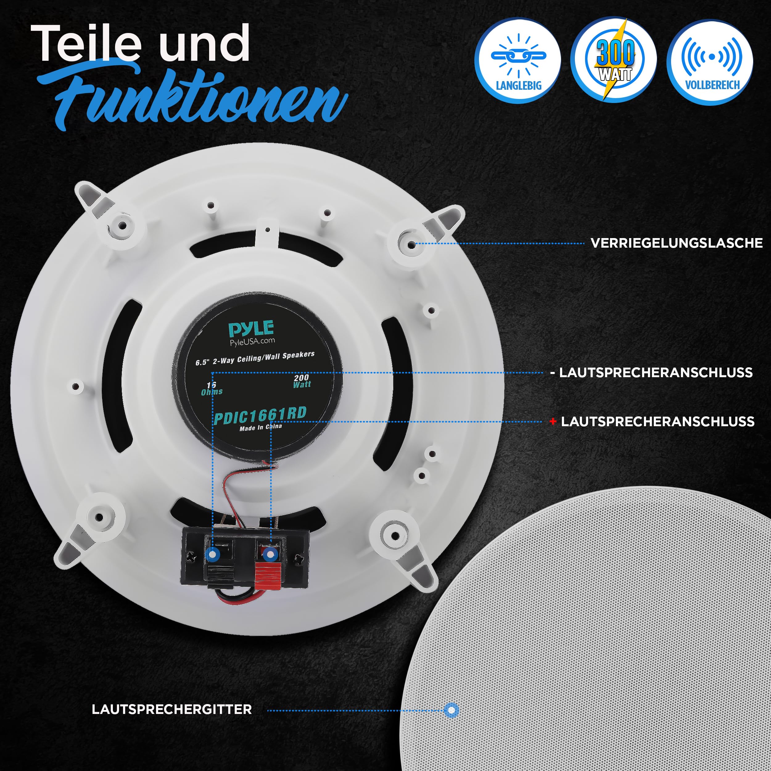 Pyle 16.5cm- Deckenlausprecher Einbaulausprecher, Wandlautsprecher, Flache Lautsprecher, 200W- 2 Wege Lausprecher, Ceiling Speaker, Polymer-Hochtöner, Stereo-Sound, rund, Weiß, für Zuhause/Büro