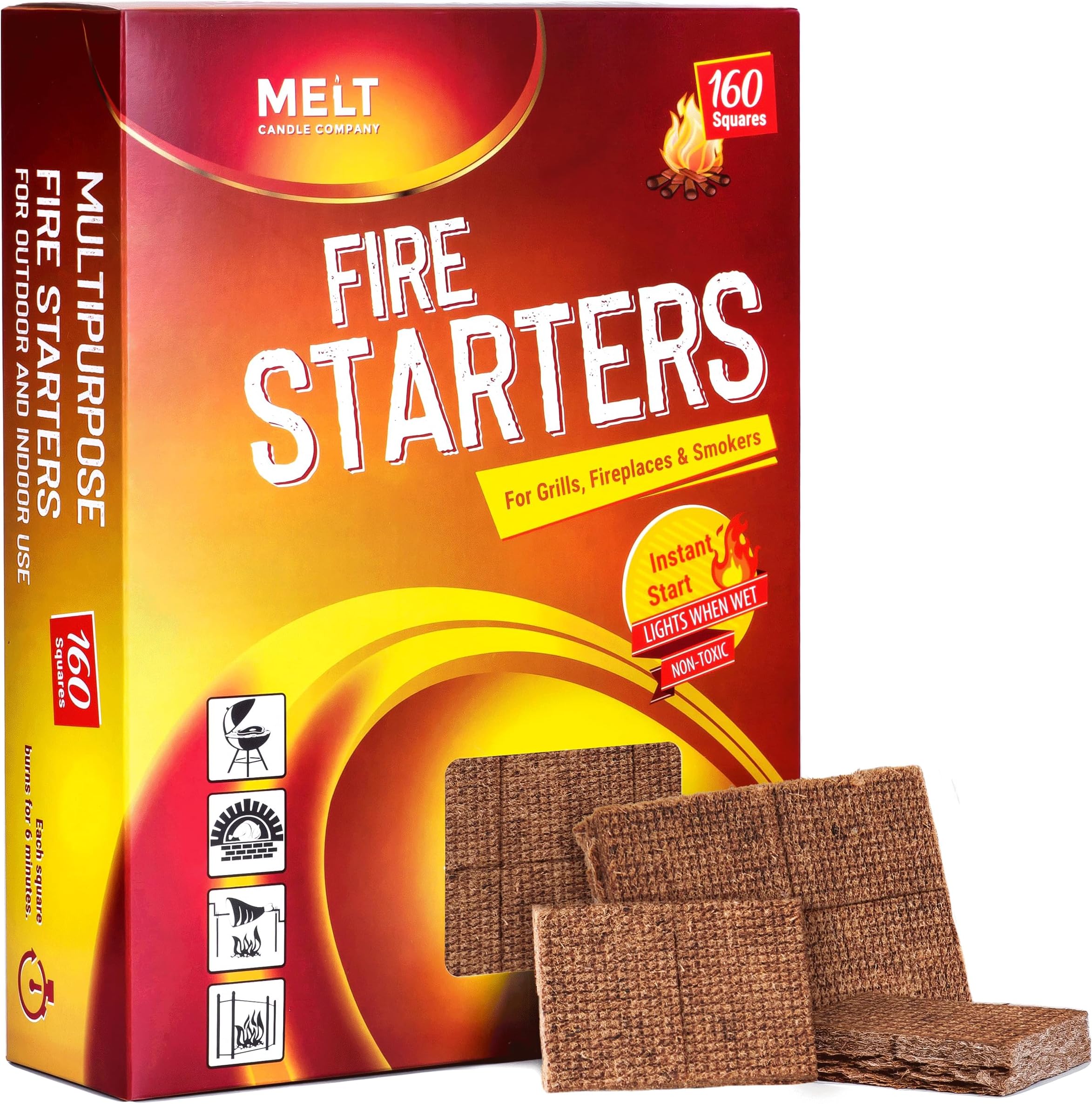 Fire Starters BIG PACK 160 Squares Charcoal Starter for Grills, Campfire, Fireplace, Firepits, Smokers.No flare ups & flavor. FireStarter for wood & pellet stove.Waterproof robust squares