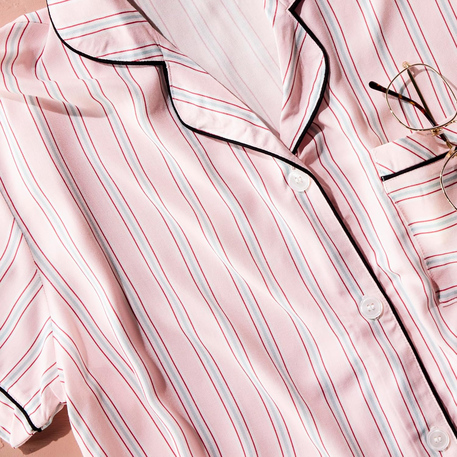 DEMDACO Pink & Teal Candy Stripe Pattern Women's Soft Knit Rayon Blend Short Sleeve Button-Up Top & Drawstring Shorts, 2 Piece Pajama Set, Large - Image 5