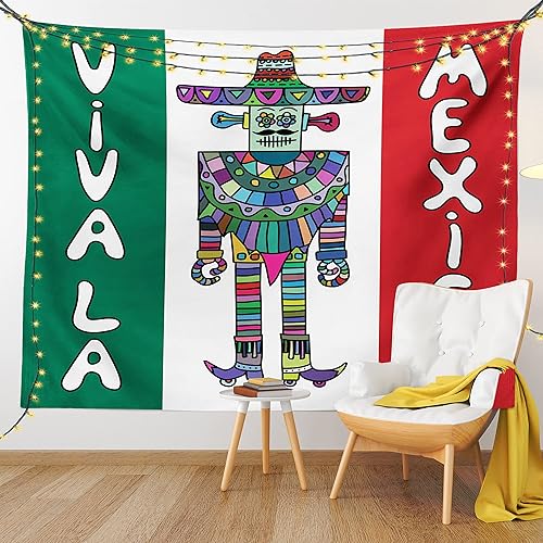 Miniatura 9 de Lunarable Tapiz mexicano, personaje robot de México con sombrero y poncho en la parte trasera de la bandera nacional, impresión clásica, decoración