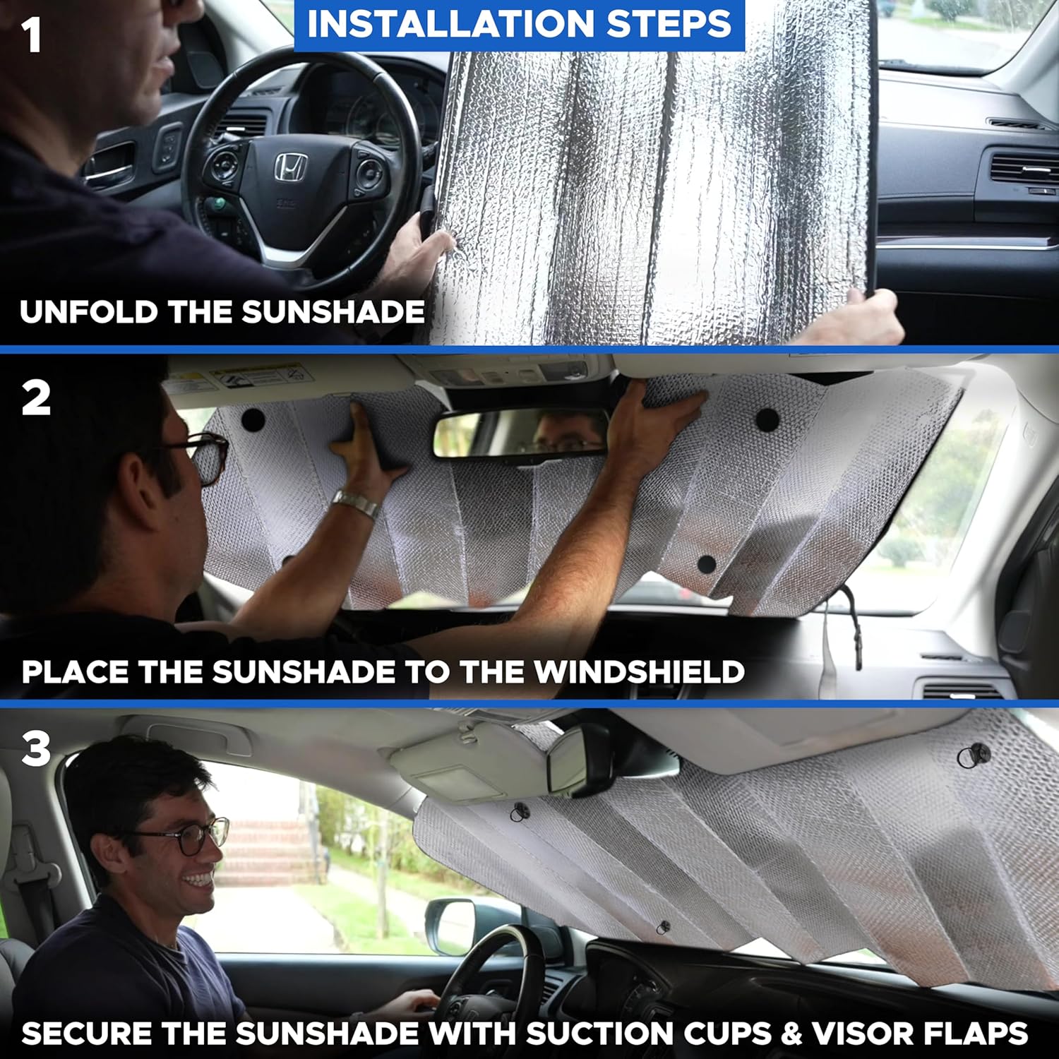 EcoNour Accordion Windshield Sun Shade for Car, Foldable Front Windshield Sunshade, UV & Heat Blocking Car Window Shade, Keeps Car Interior Cool, Includes 4 Suction Cups, 56" x 26"