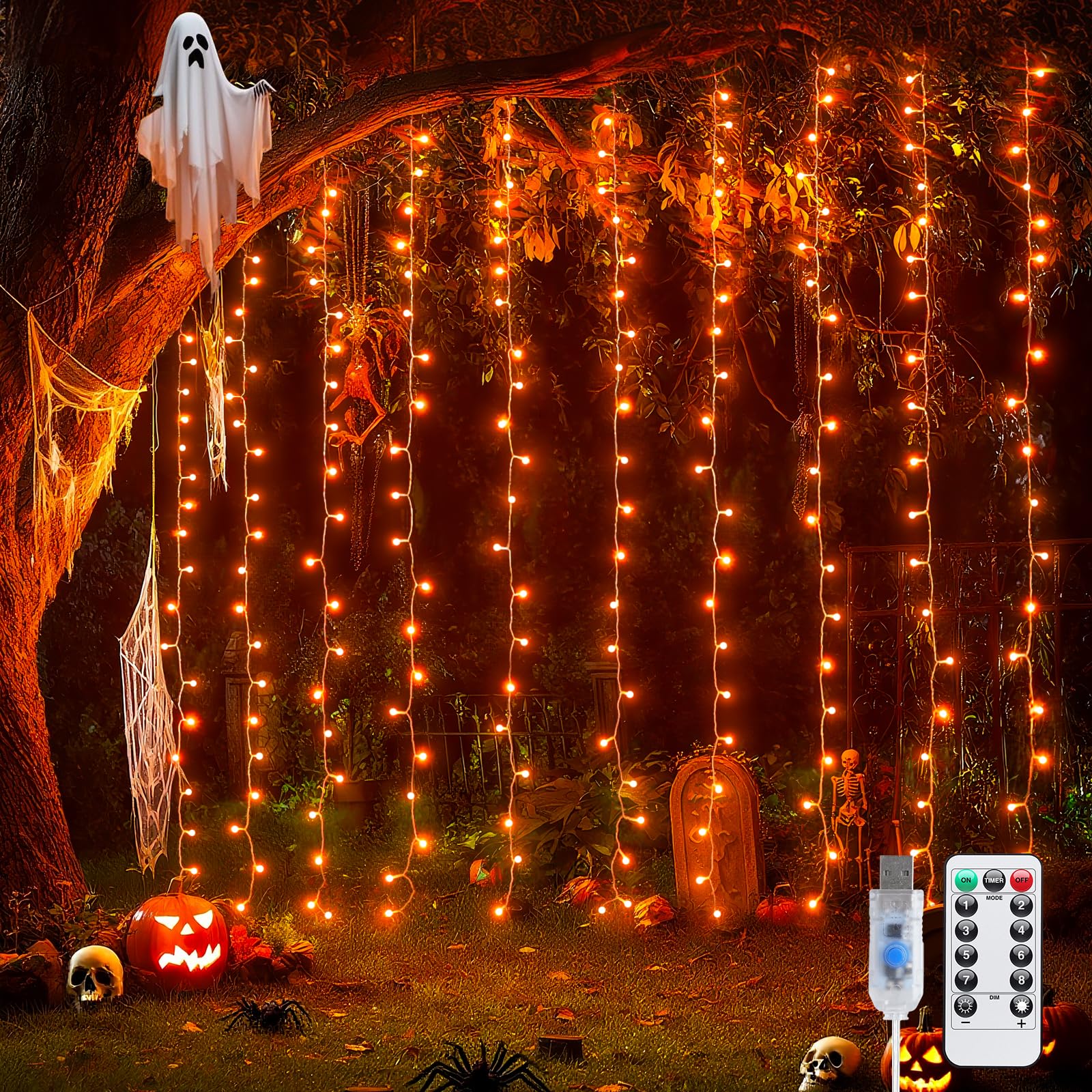 JMEXSUSS Orange Curtain Lights for Halloween, 200 LED Halloween Curtain String Lights USB Plug in, 8 Modes Orange Hanging Window Lights for Bedroom Party Indoor Outdoor Decorations