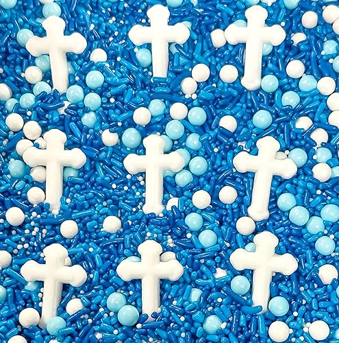 Primera Comunión Bautismo Cruz Blanca Perlas Azules Comestibles Confeti Gránulos Pasteles Galleta Magdalena Helado Donut Quins 6oz