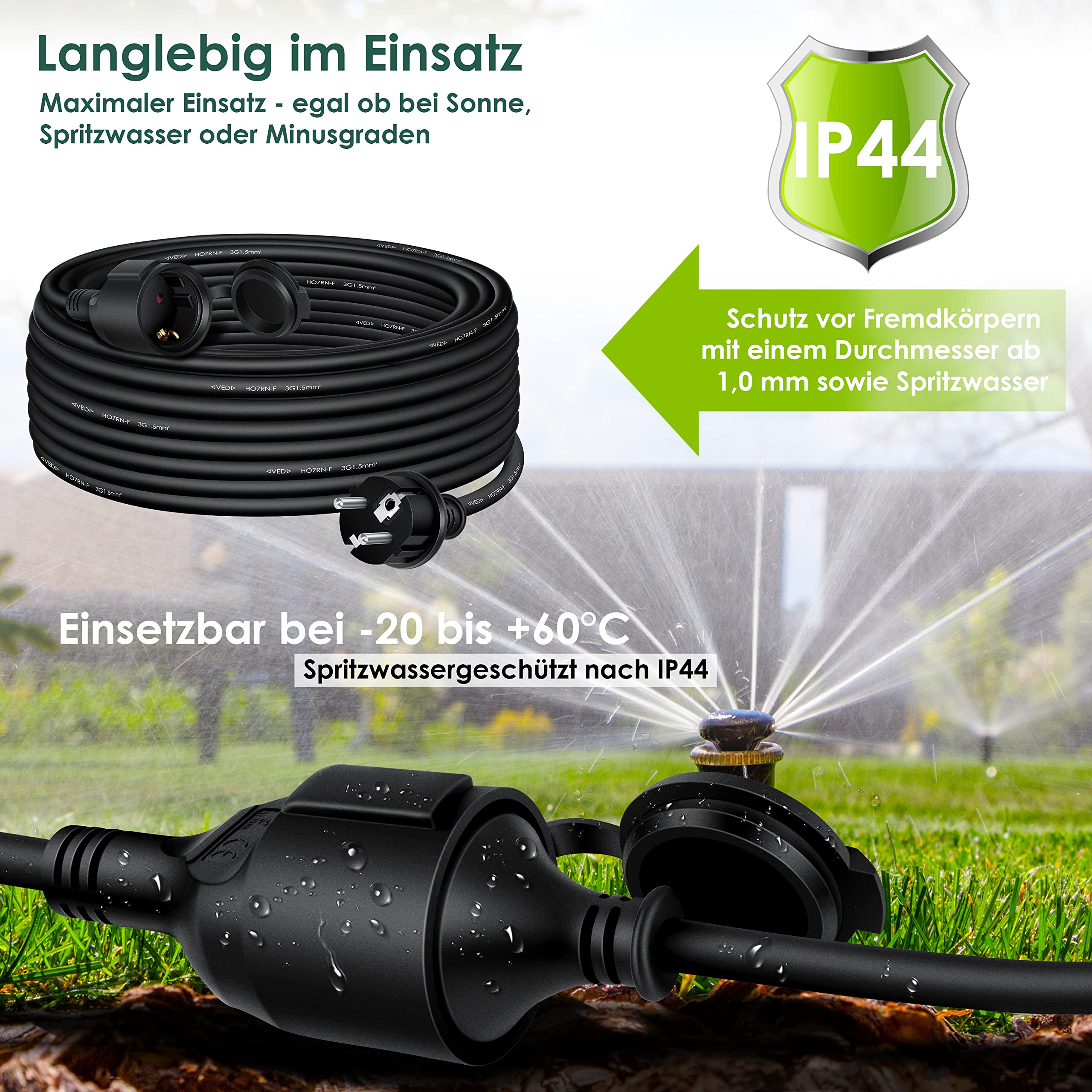KESSER® Verlängerungskabel 20m mit Schutzkappe Outdoor - für Innenbereich Außenbereich - Verlängerung Stromkabel – 230 V IP44 - mit Schuko Stecker - Schutzkontakt Baustellenkabel Schutzkontaktstecker
