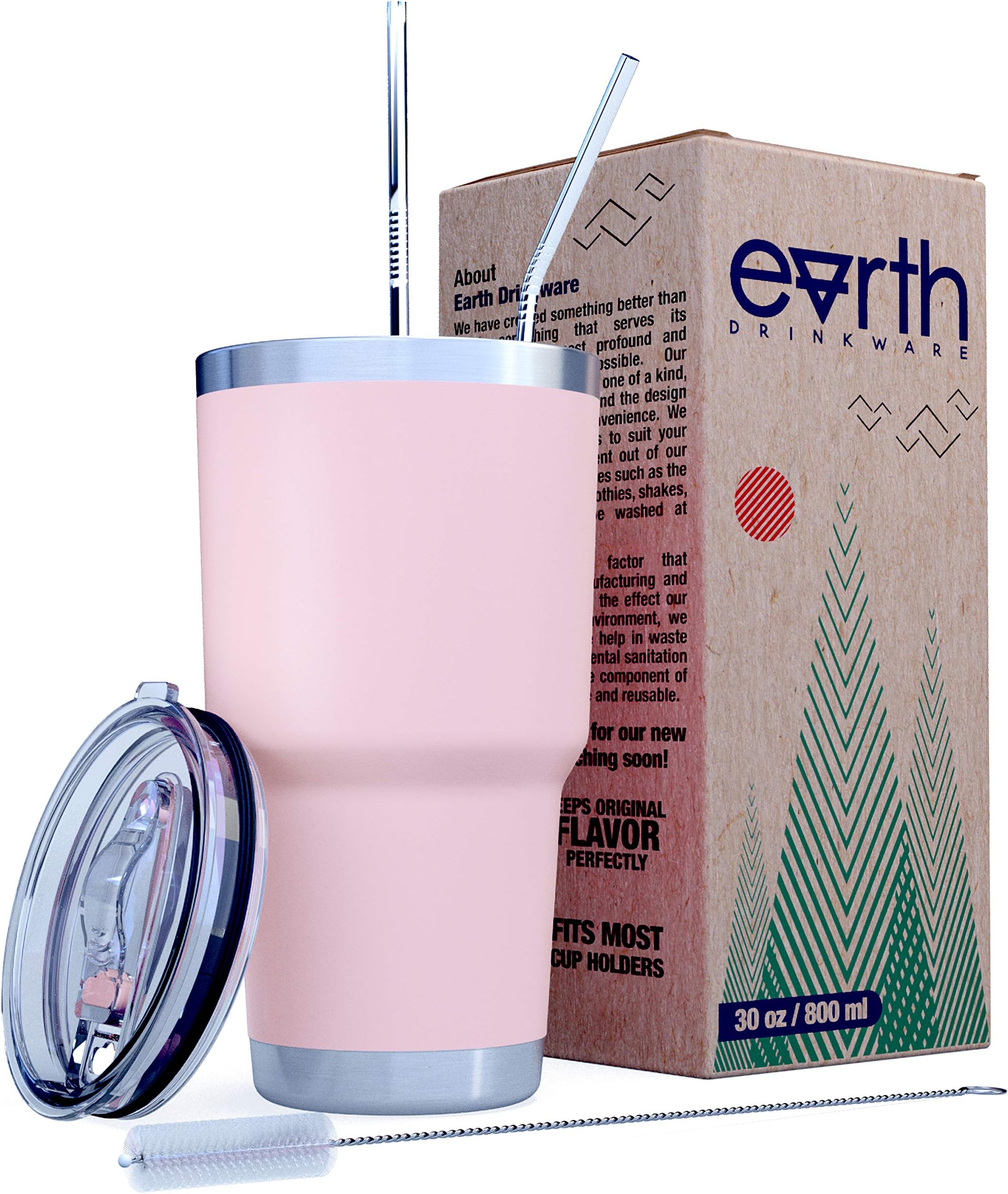 EARTH 30 oz Soft Pink Stainless Steel Tumbler with Splash Proof Lid, 2 Straws, Pipe Brush & Gift Box - Double Wall Travel Mug Flask | Vacuum Insulated Rambler Coffee Cup | BPA Free