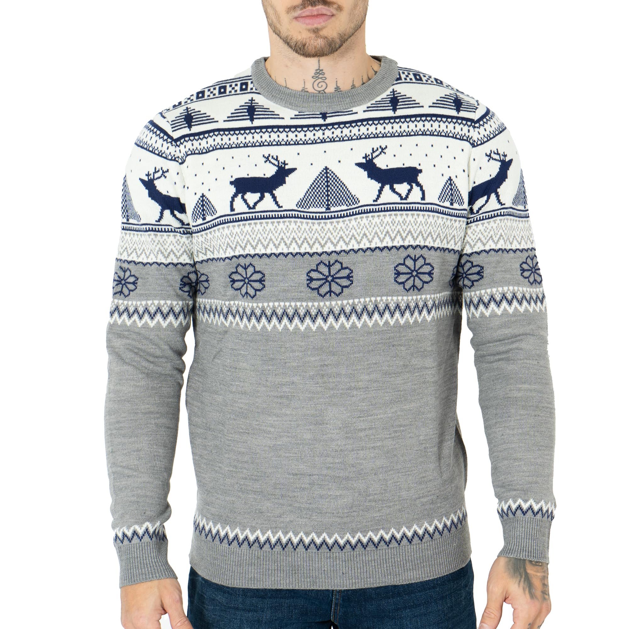 NOROZE Hombres Feliz Navidad Cremallera simulada Estilo nórdico Reno Alce Ciervo Embudo Cuello Redondo Festivo Jersey navideño Pullover Pull-Over Suéter