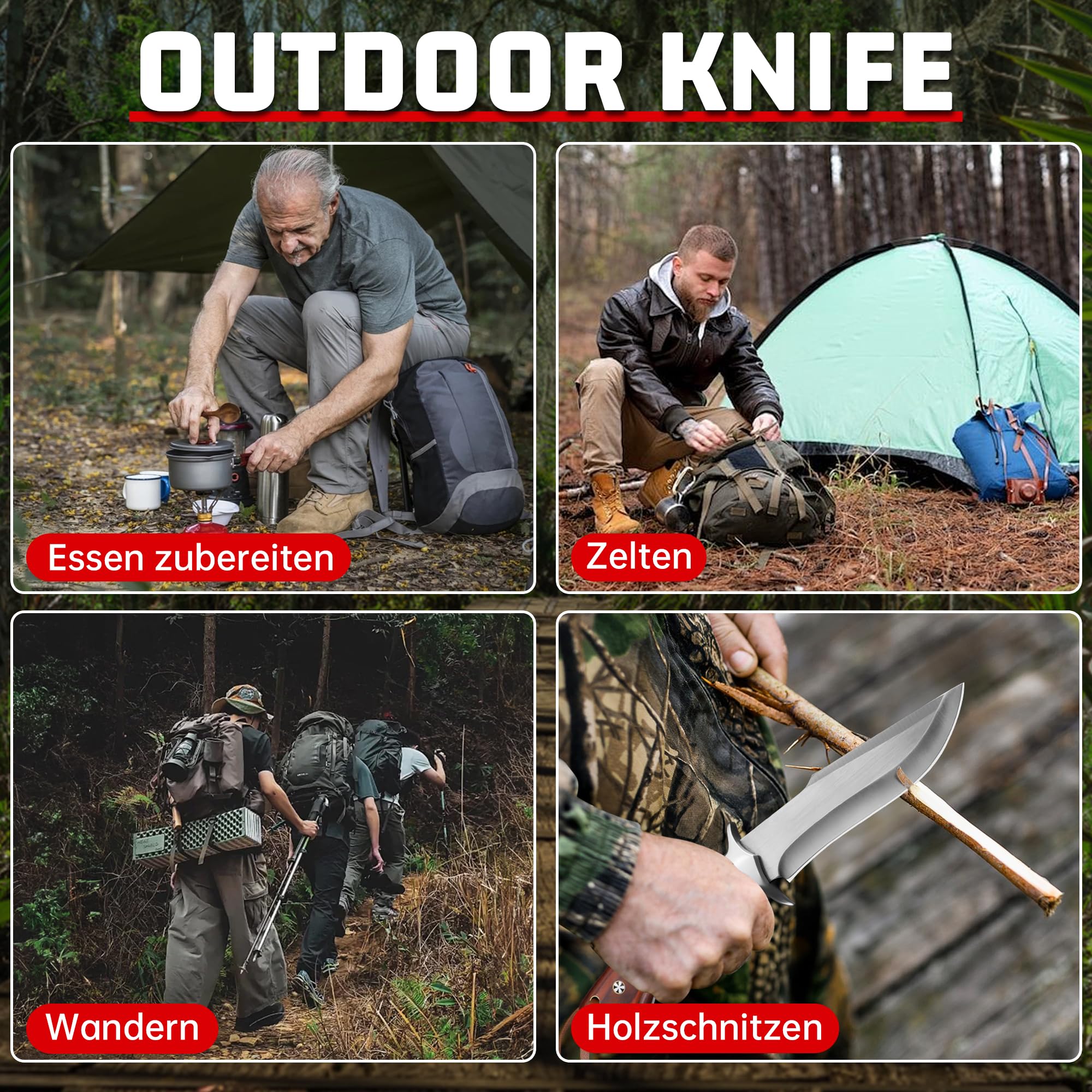 Plys Jagdmesser Feststehende Klinge Outdoor messer: Survival Messer aus M390-Stahl, mit Holzgriff, Lederscheide und Paracord Armband, Geeignet für Camping, Wandern und als Geschenk für Männer
