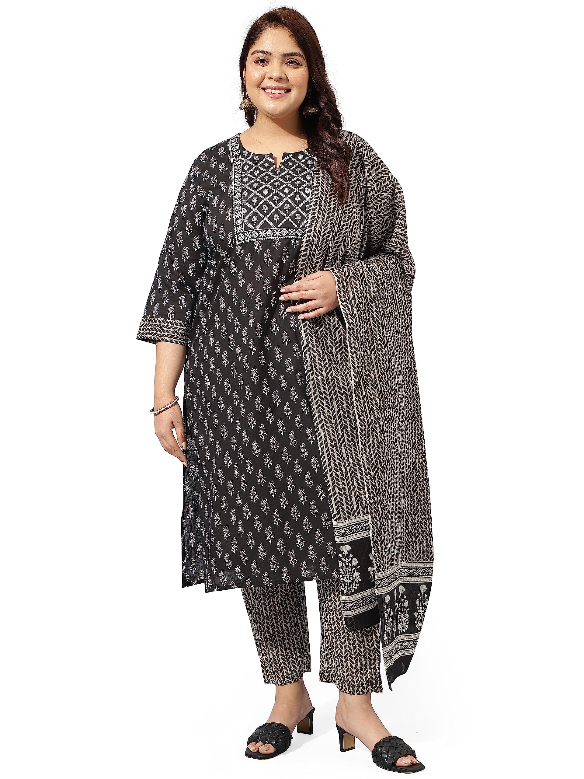 MIRCHI FASHION Plus Size Women Straight Fit Cotton Printed Kurta with Trouser Pant & Dupatta Set