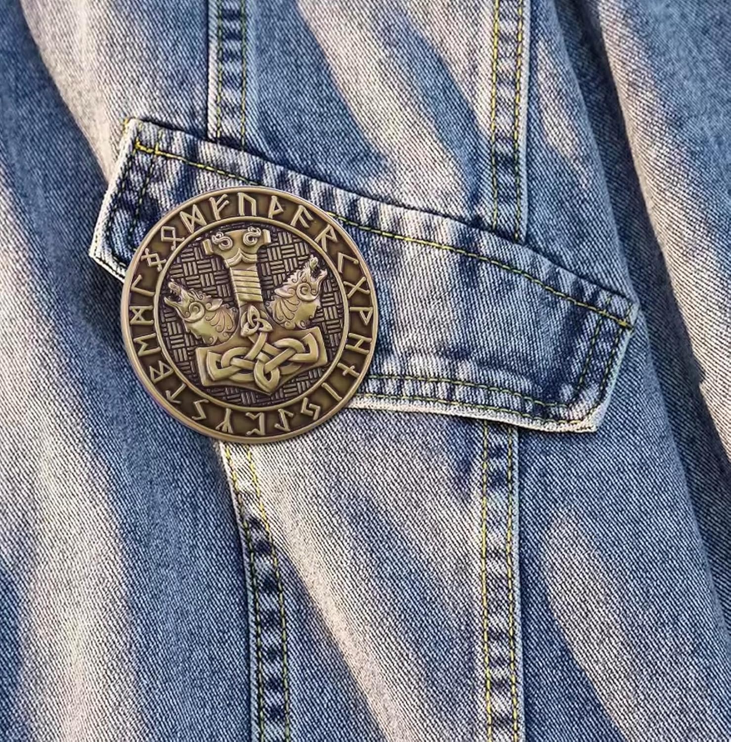 Thor Hammer Mjolnir Valknut Knot Viking Norse Rune Runes Symbol Odin God Celtic Mythology Wolves Wolf Fenrir Ragnarok 1.3" Enamel Pin Badge - Image 3