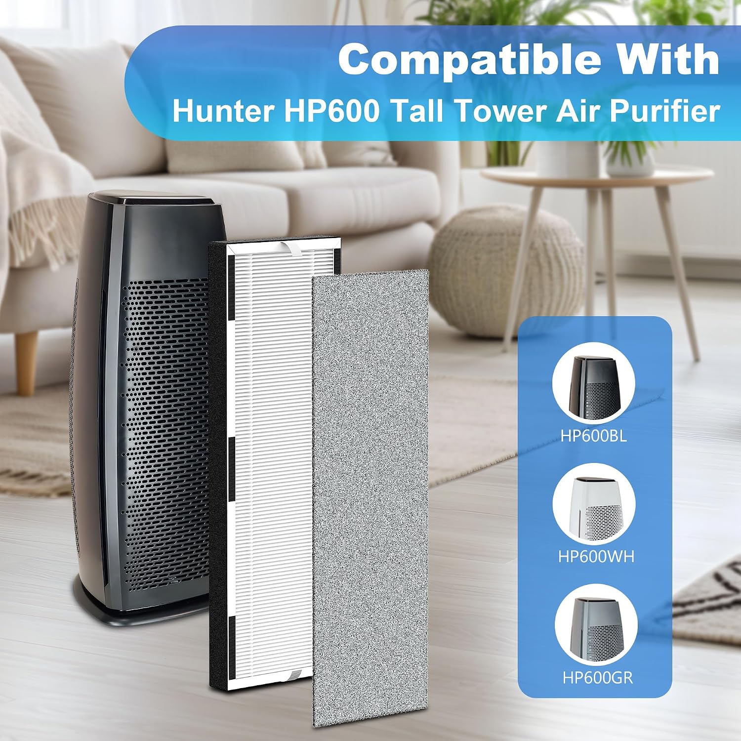 HP600 Replacement Filter Compatible with Hunter HP600 Air Purifier Series, H-HF600-VP True HEPA Filter, 2 Pack