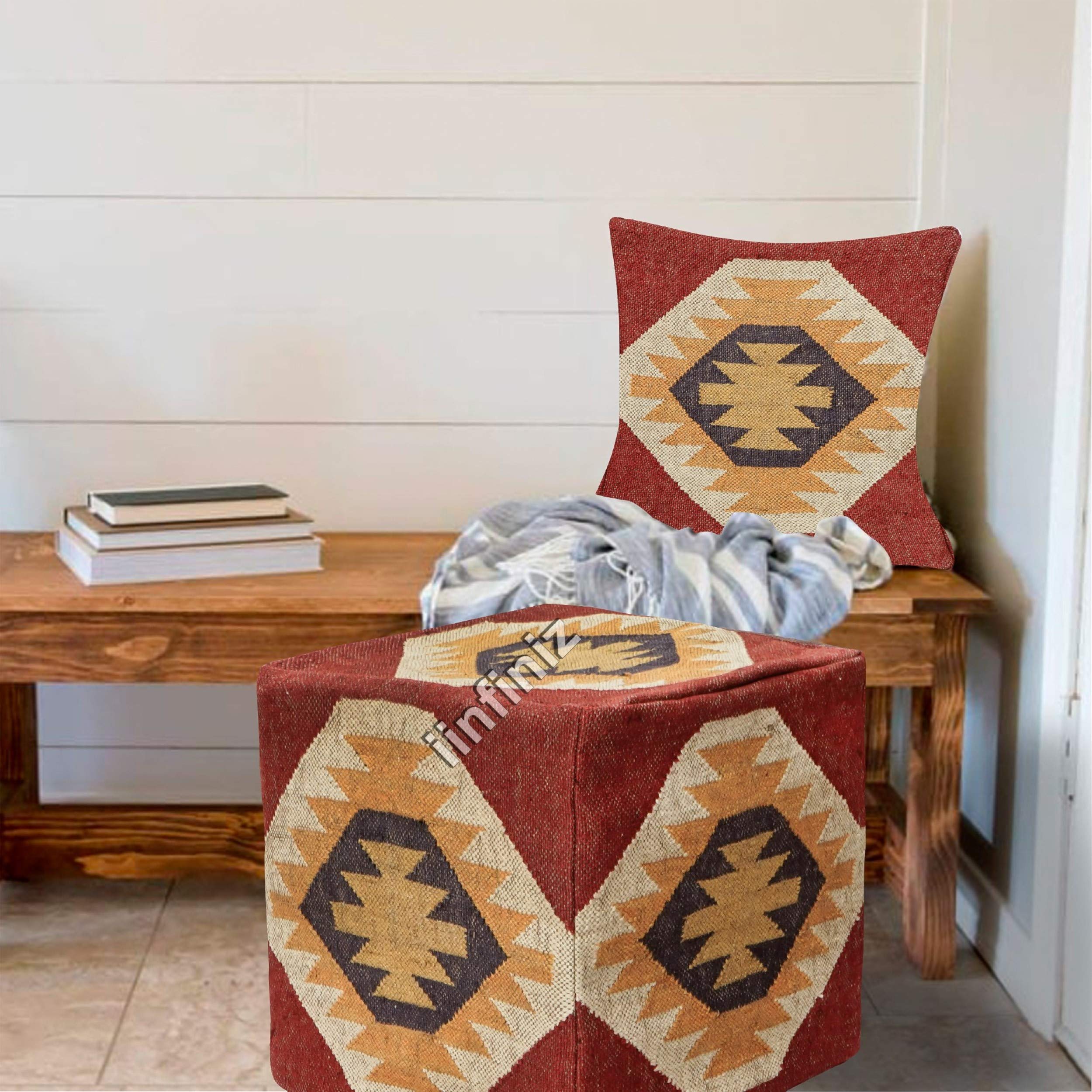 iinfinize Kilim Decorative Square Handmade Wool Jute Pouff and Cushion Cover Combo Set Durable Soft Natural Jute Ethnice Boho Rustic Stool Pouf and Bed Pillow Case-image-38