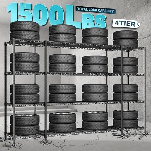 Miniatura 5 de REIBII Estantería de alambre para garaje de 78.4 pulgadas de ancho, carga de 1500 libras, estantería de metal de 4 niveles con estantes de