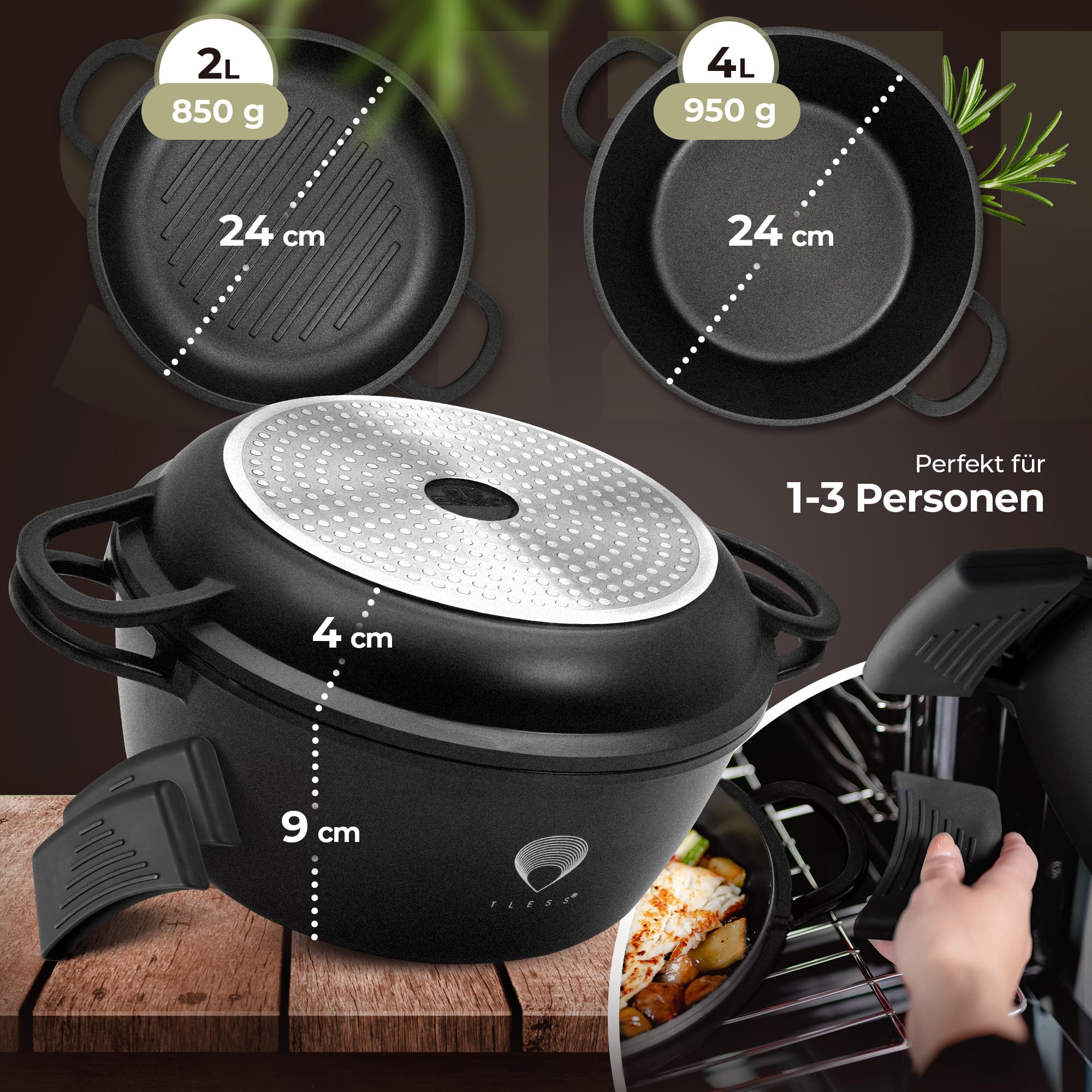 TLESS® 2in1 Aluguss Bräter mit Deckel backofengeeignet | Schmorpfanne & Schmortopf oder als Bratentopf für Induktion | sehr leicht & widerstandsfähig | Ø 24 cm 4 Liter schwarz