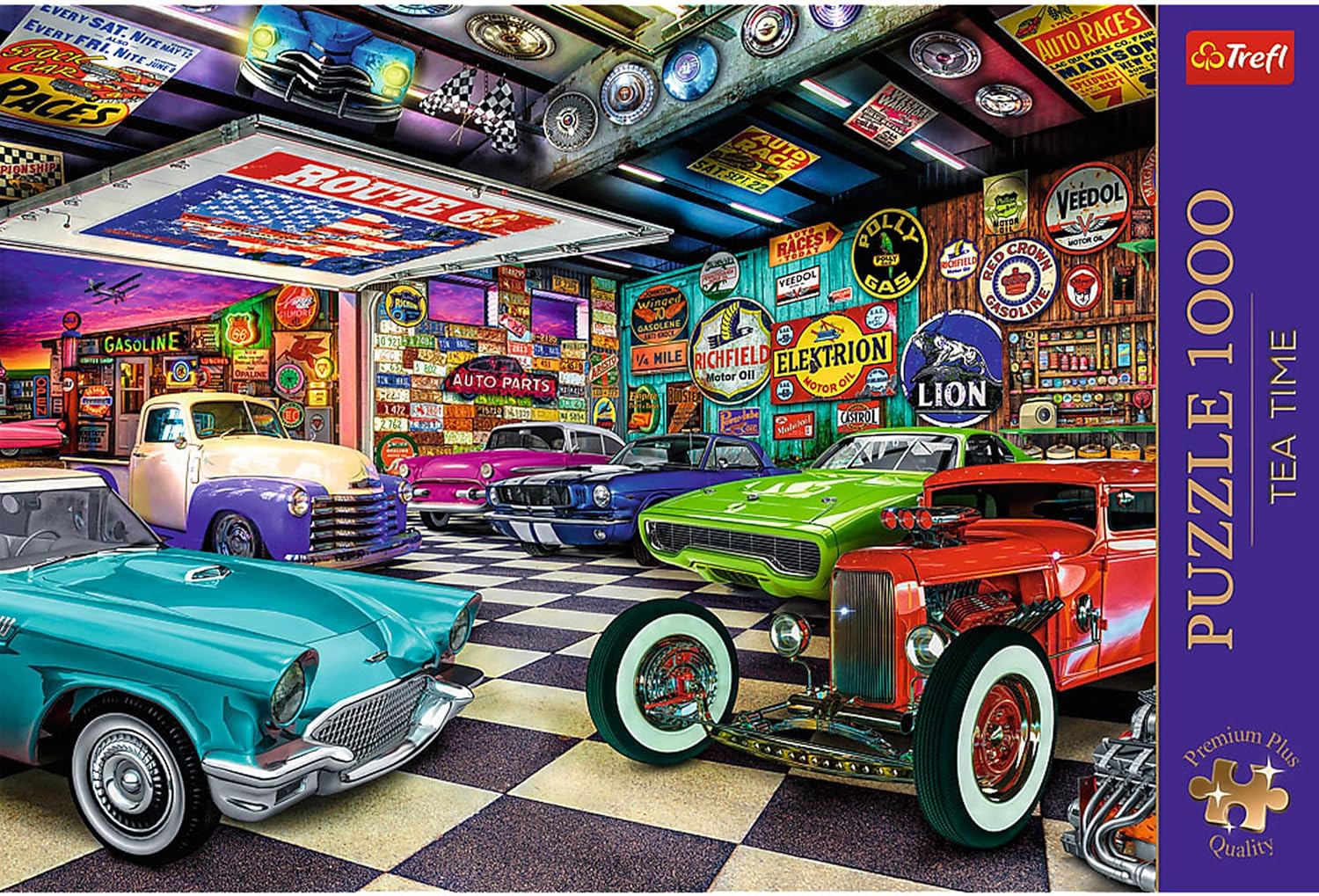 Trefl Premium Plus Quality - Puzzle Tea Time: Car Collector's Garage - 1000 Elements, Series Painted Nostalgic Pictures, Ideal Adaptation of Pieces, for Adults and Children from 12 Years