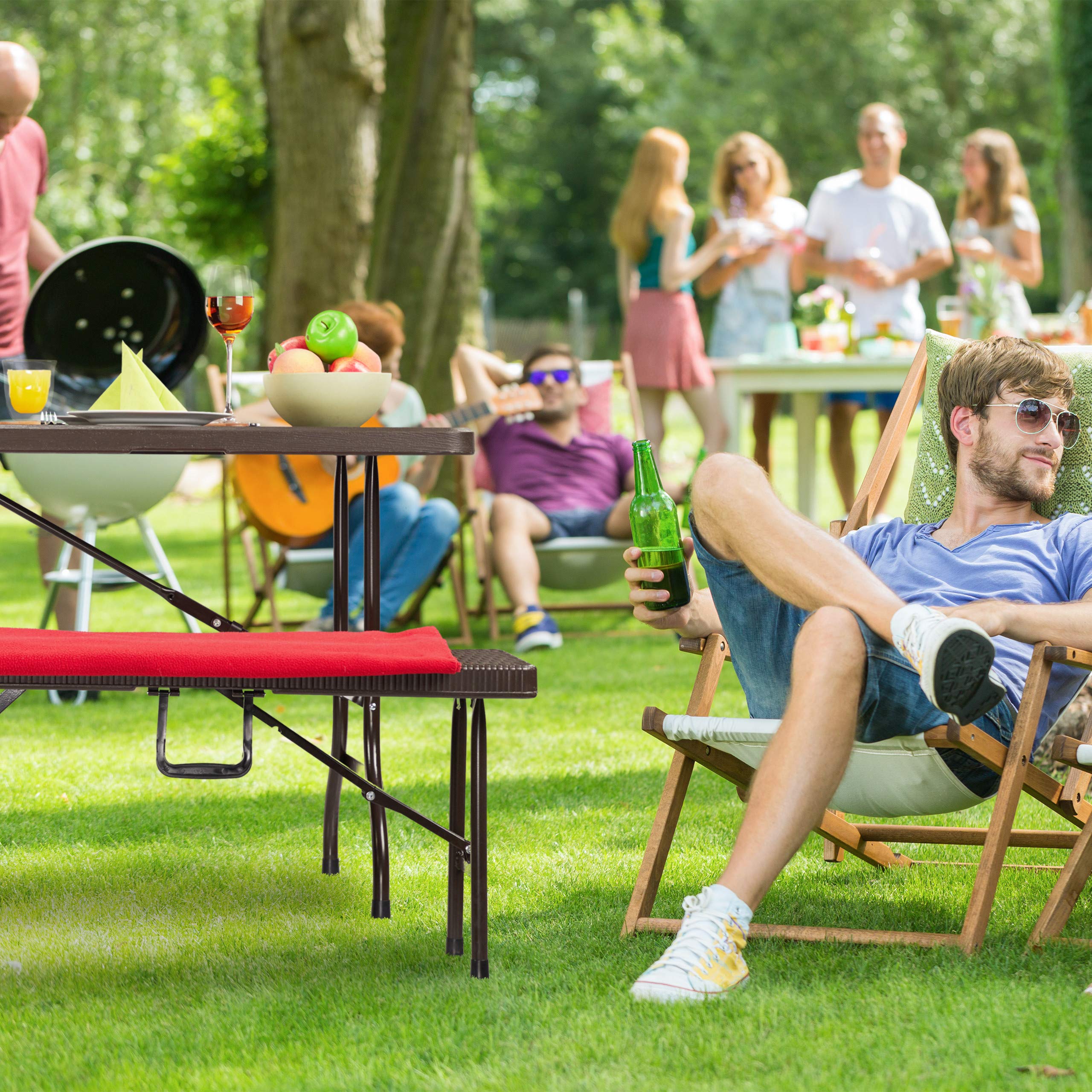 Relaxdays Tavolo Giardino, Aspetto Legno, Pieghevole, Plastica & Metallo, Esterni, Bistrò HLP: 73 x 180 x 74 cm, Marrone