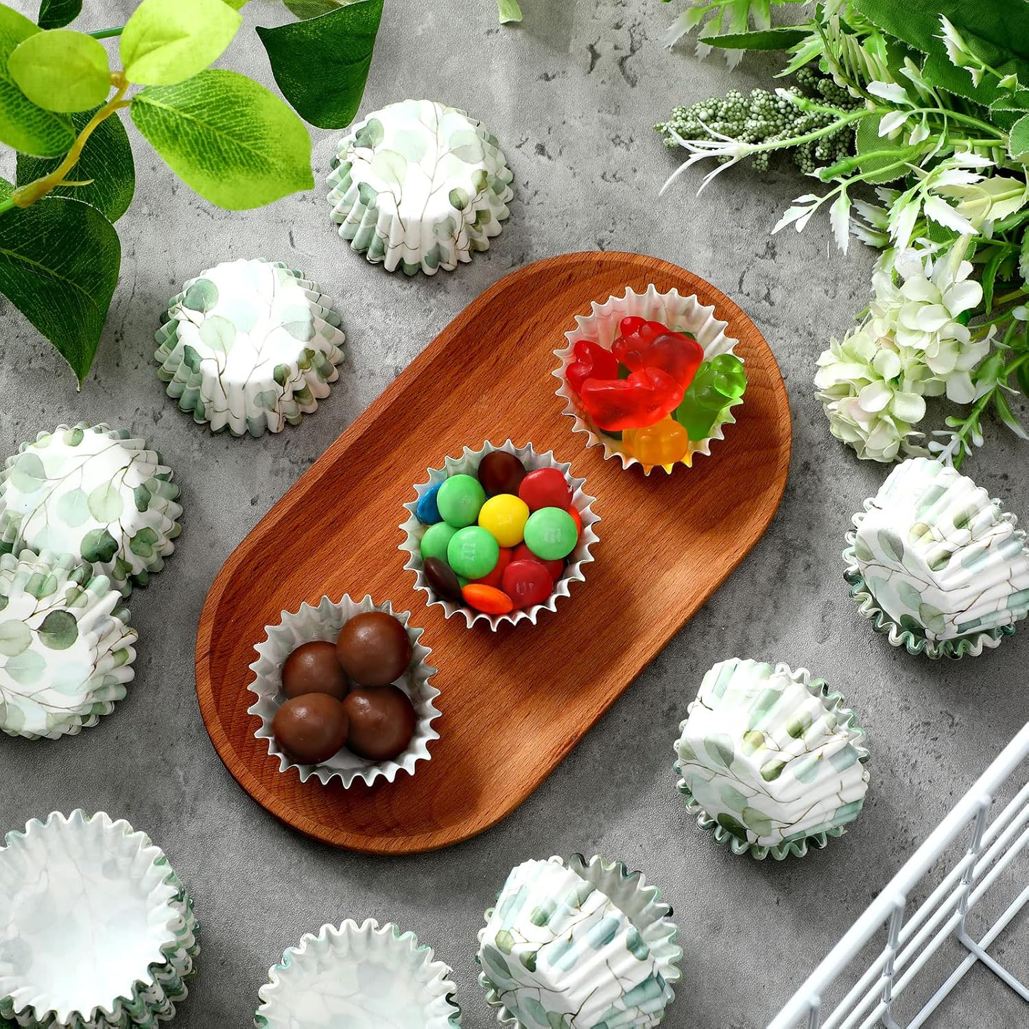 Green Mini Cupcake Wrappers Liners for Baking Greenery Eucalyptus Cupcake