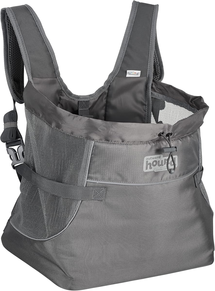 Outward Hound PupPak Transportín frontal para perros, gris, mediano, 12.5" x 9" x 14" | Mochila para mascotas manos libres, resistente al agua, malla transpirable, clip de seguridad, senderismo y camping, perros pequeños de hasta 20 lbs