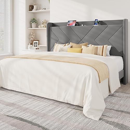 Miniatura 9 de Allewie Base de cama de plataforma de tamaño matrimonial con estación de carga y estante de almacenamiento, cabecera tapizada de terciopelo con