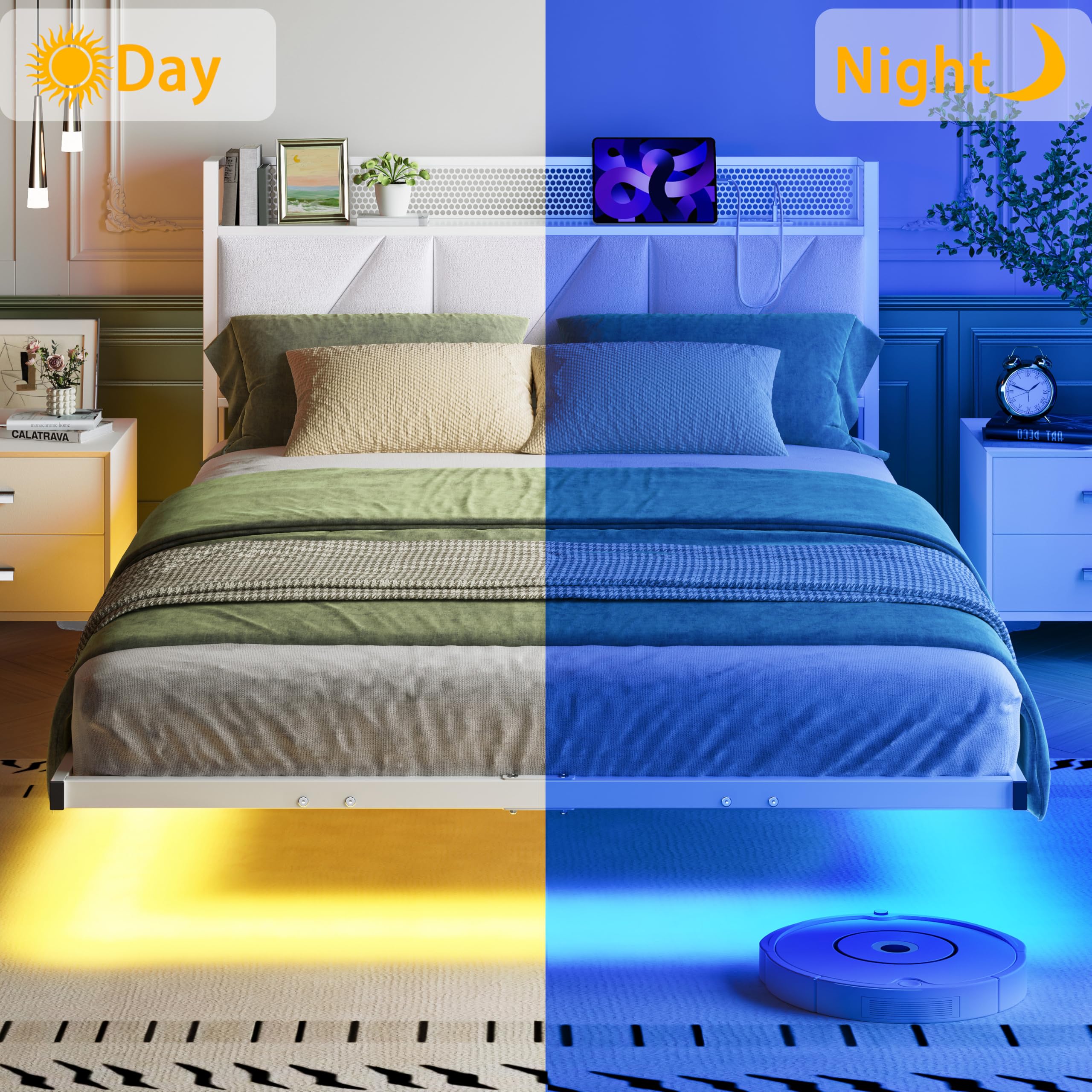 Marco de cama flotante de 120 x 200 cm con luces LED y estación de carga USB, marco de cama de plataforma metálica con cabecero acolchado y almacenamiento, listones de metal resistentes, libre