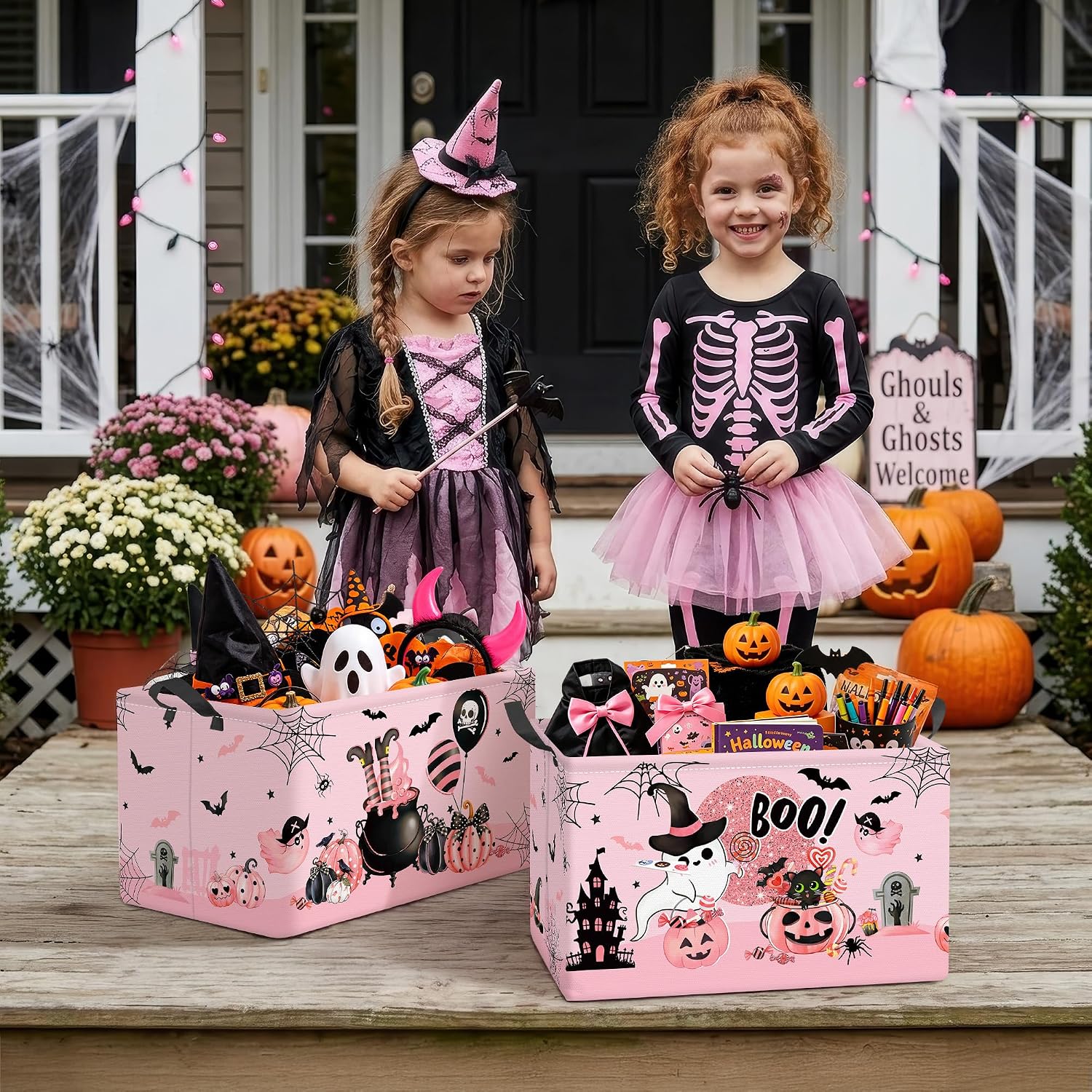 Clastyle 3 Pcs Halloween Spooky Gift Basket Pink Ghost Boo Storage Bin