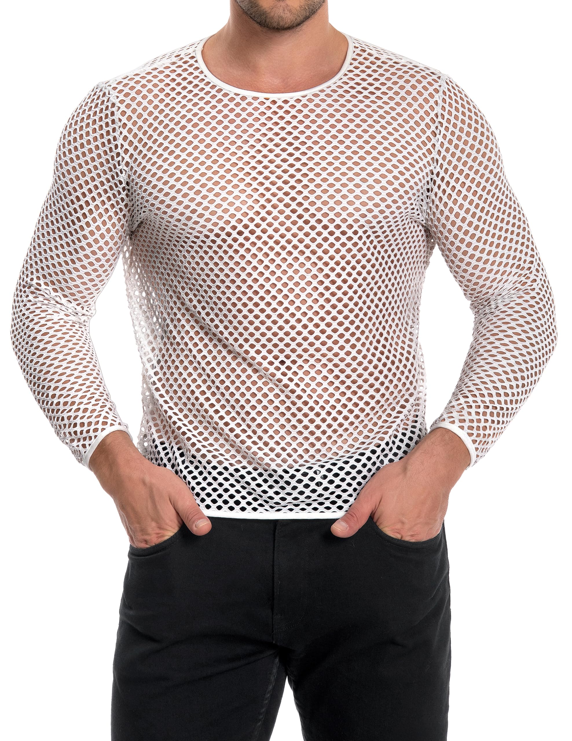 Men's Mesh Fishnet Top Long Sleeve Sheer See Through T Shirt Fitted Muscle Blouse Clubwear