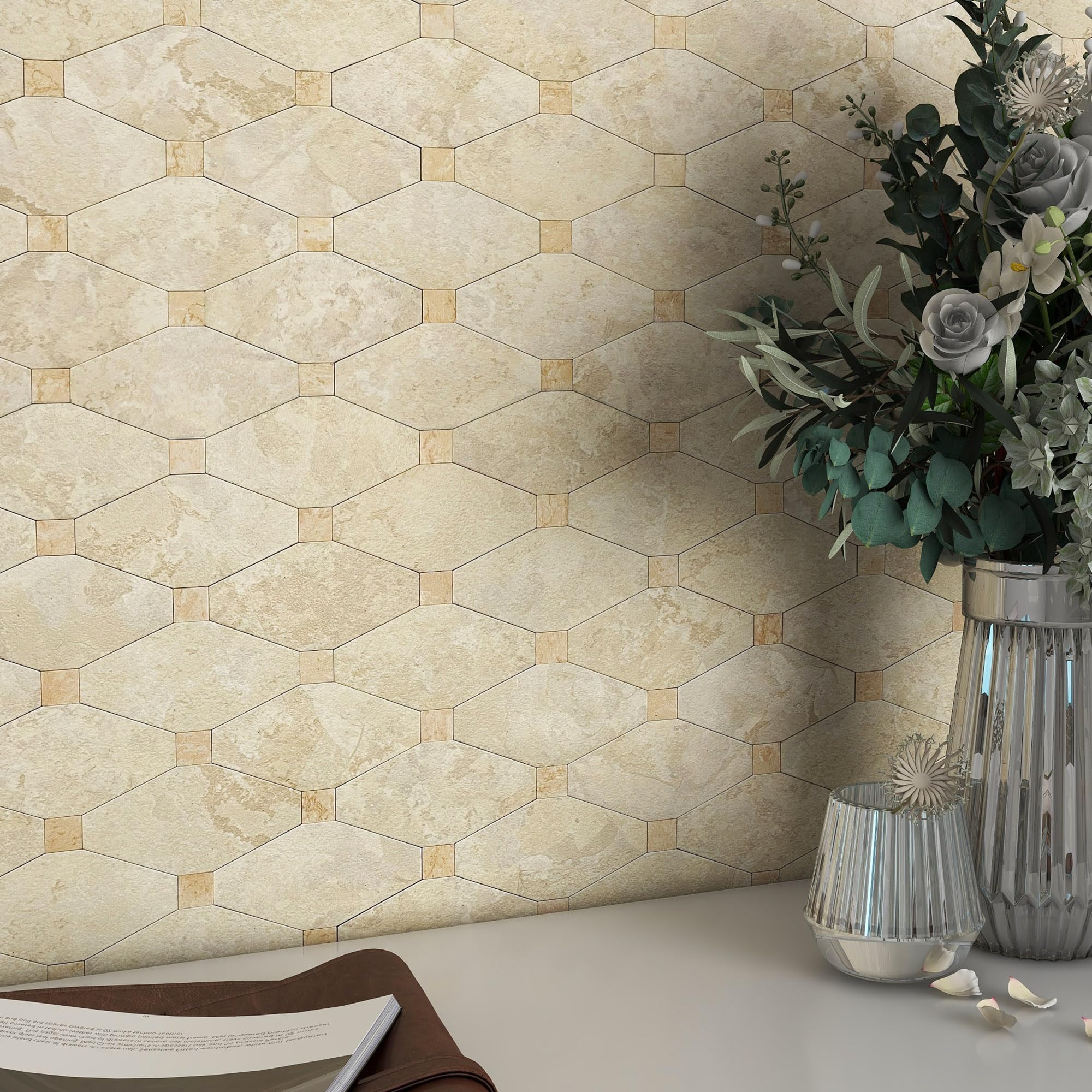 BeNice Peel and Stick Backsplash Kitchen Hexagon Marble Tiles-Bathroom Backsplash Self-Adhesive Mosaic Wall Tile Stickers(10pcs,Rustic Beige)