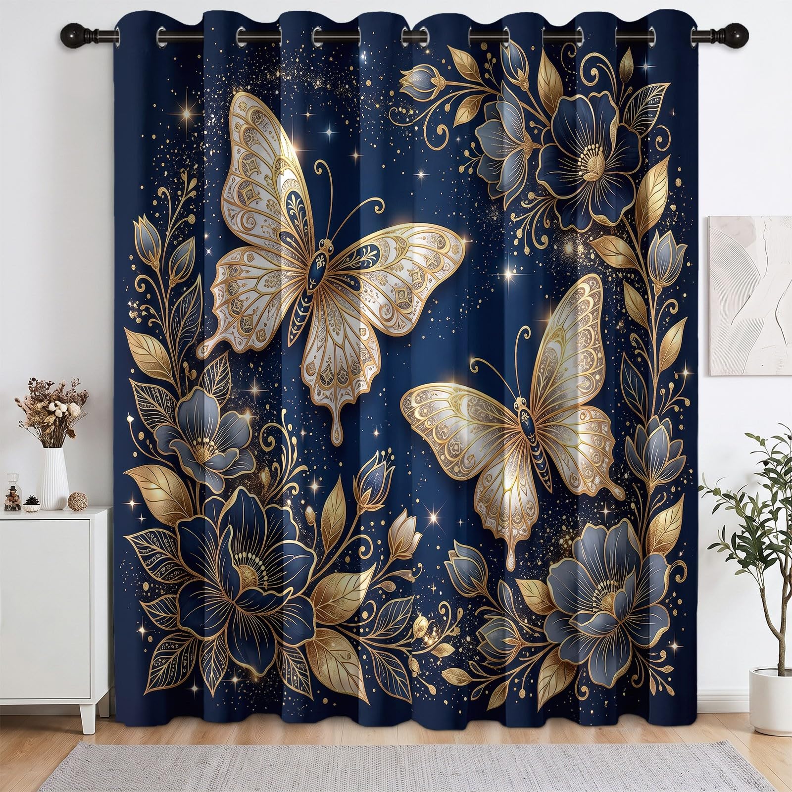 Luksusowe eleganckie zasłony zaciemniające do sypialni, 2 panele szer. 140 x dł. 250 cm, białe złoto, motyl, królewski błękit, zasłony zaciemniające do salonu, zasłony na przelotkach, izolacja