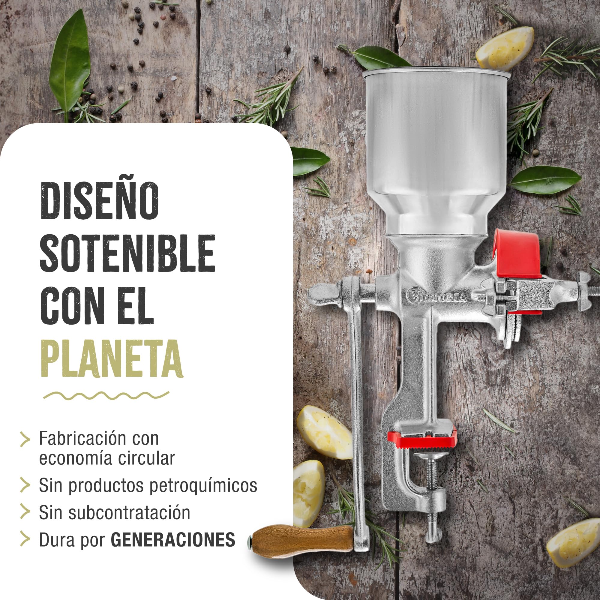 Victoria Molino Cereales Manual, Molinillo de Mano en Hierro Fundido para Moler Café, Maíz, Avena, Semillas, Grosor de Molienda Ajustable, Grain Grinder Tolva Alta con Abrazadera para Mesa