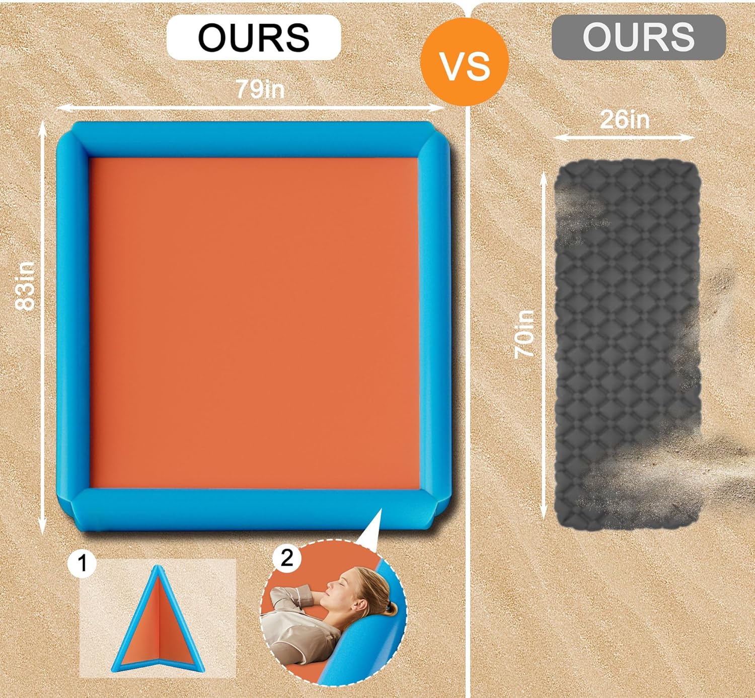 2-in-1 Sand Free Beach Blanket & Tent - 79"x83" Waterproof Picnic Blanket with Inflatable Pillows, No Pump Quick Inflation, Fits 6-10 Seated/4-6 Reclined for Family Camping Travel Backyard